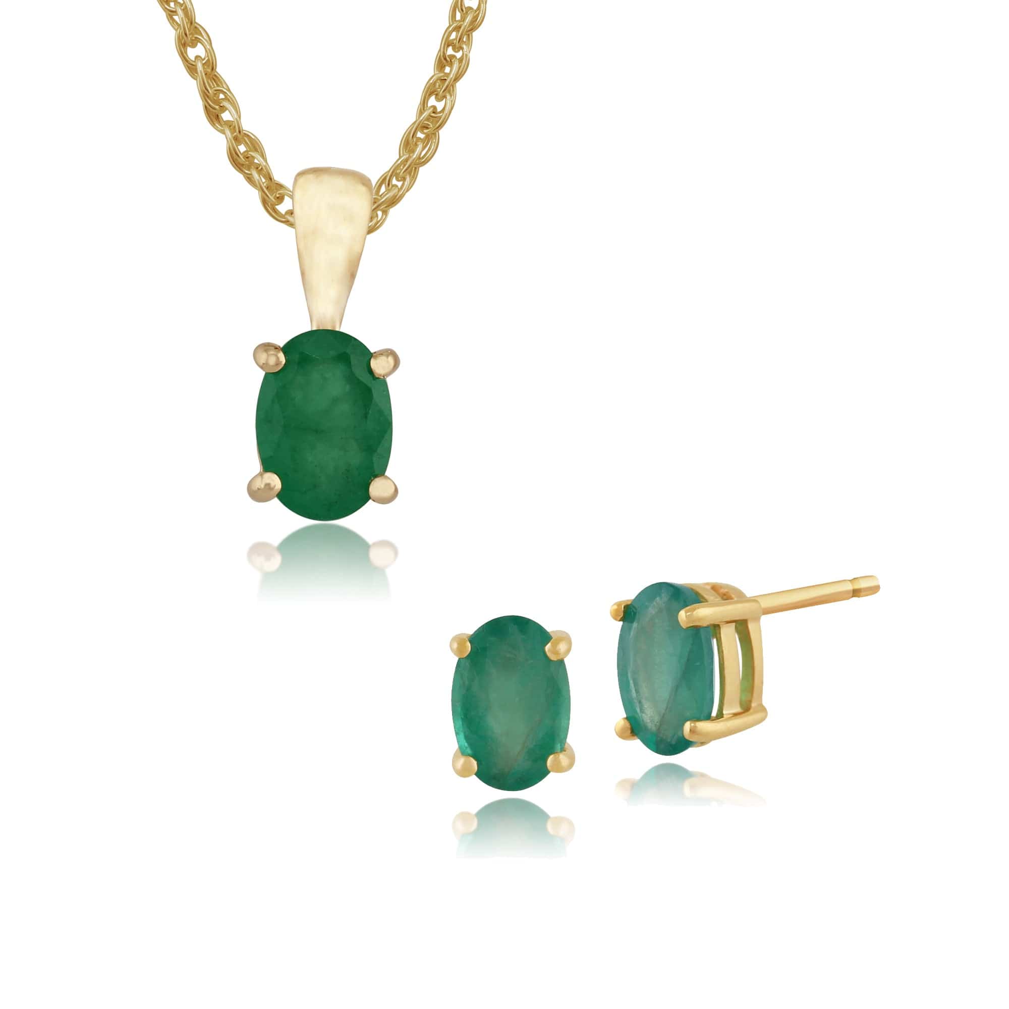 26892-27058 Classic Oval Emerald Single Stone Stud Earrings & Pendant Set in 9ct Yellow Gold 1