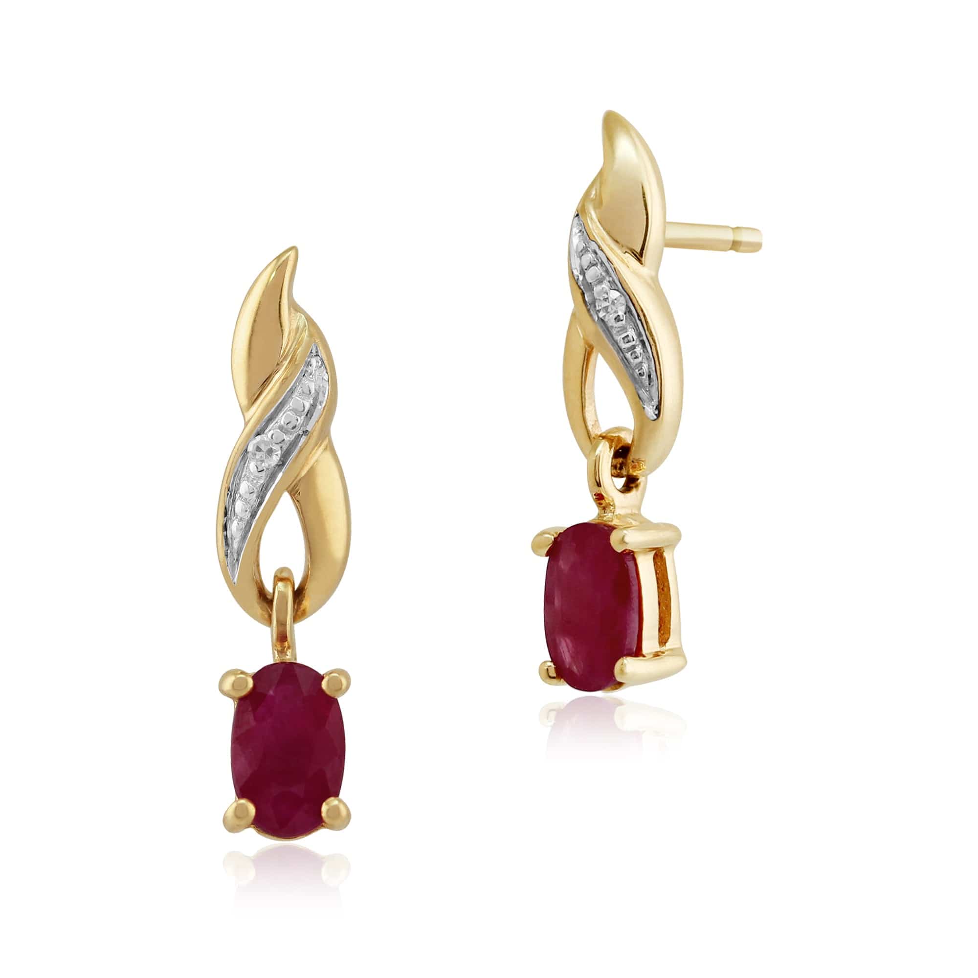 Art Nouveau Oval Ruby & Diamond Drop Earrings in 9ct Yellow Gold