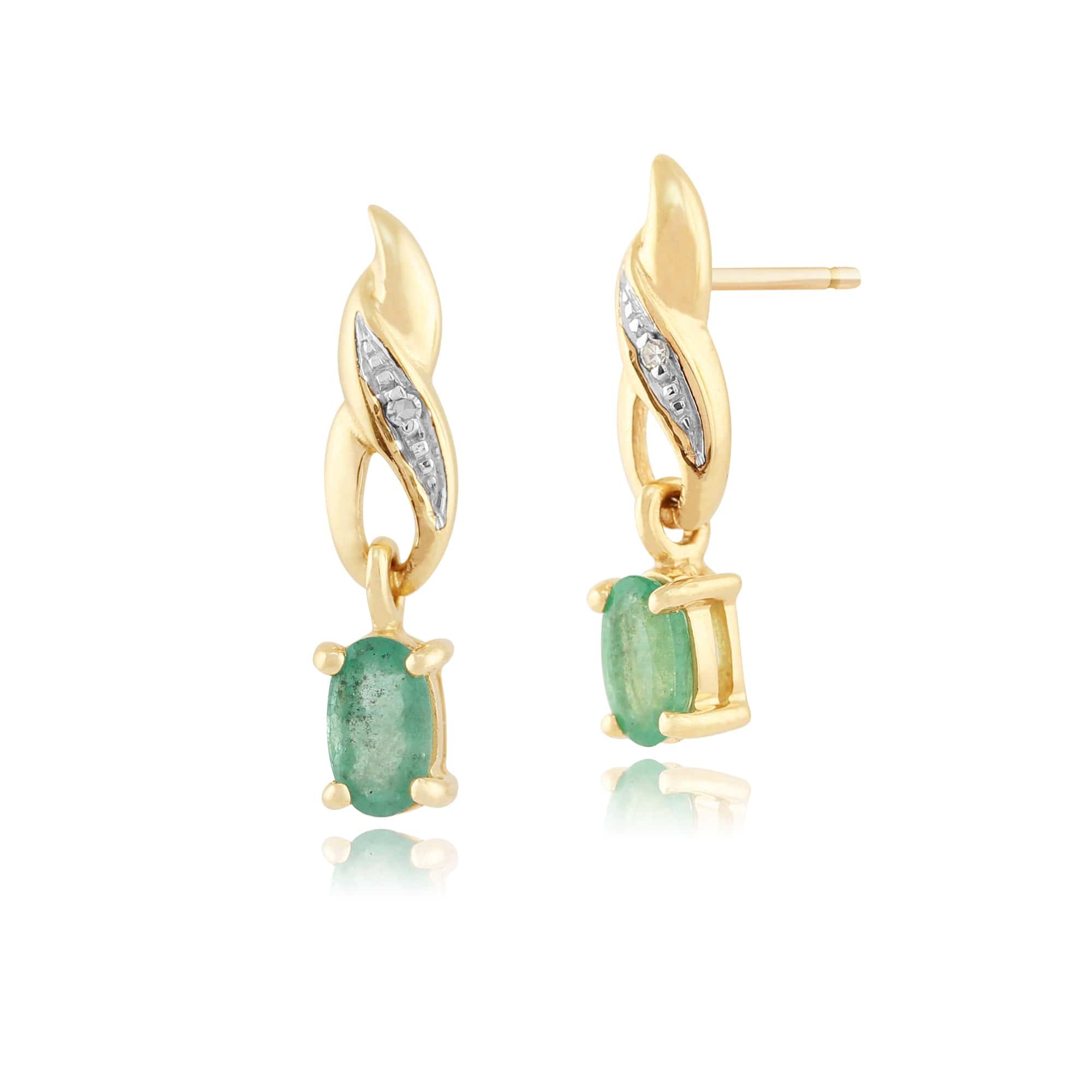 Art Nouveau Oval Emerald & Diamond Drop Earrings in 9ct Yellow Gold - Gemondo