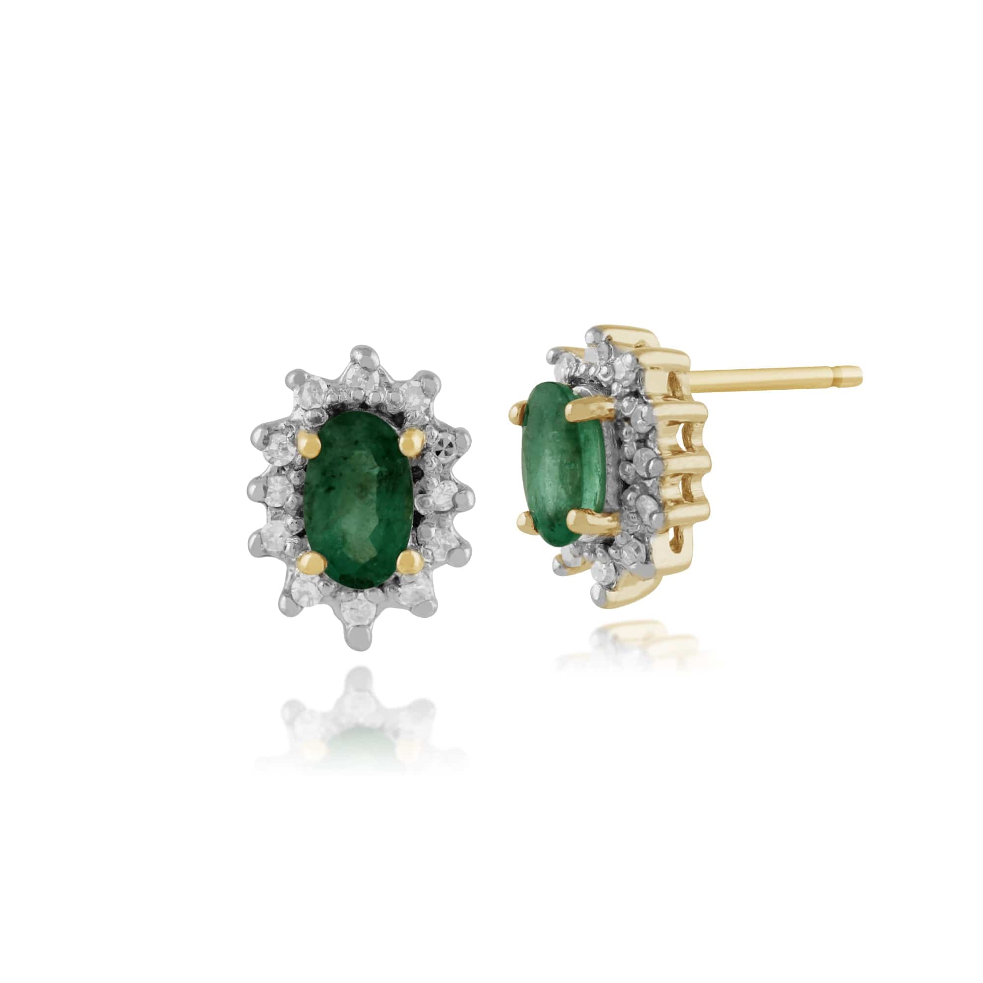 Classic Oval Emerald & Diamond Cluster Stud Earrings in 9ct Yellow Gold - Gemondo