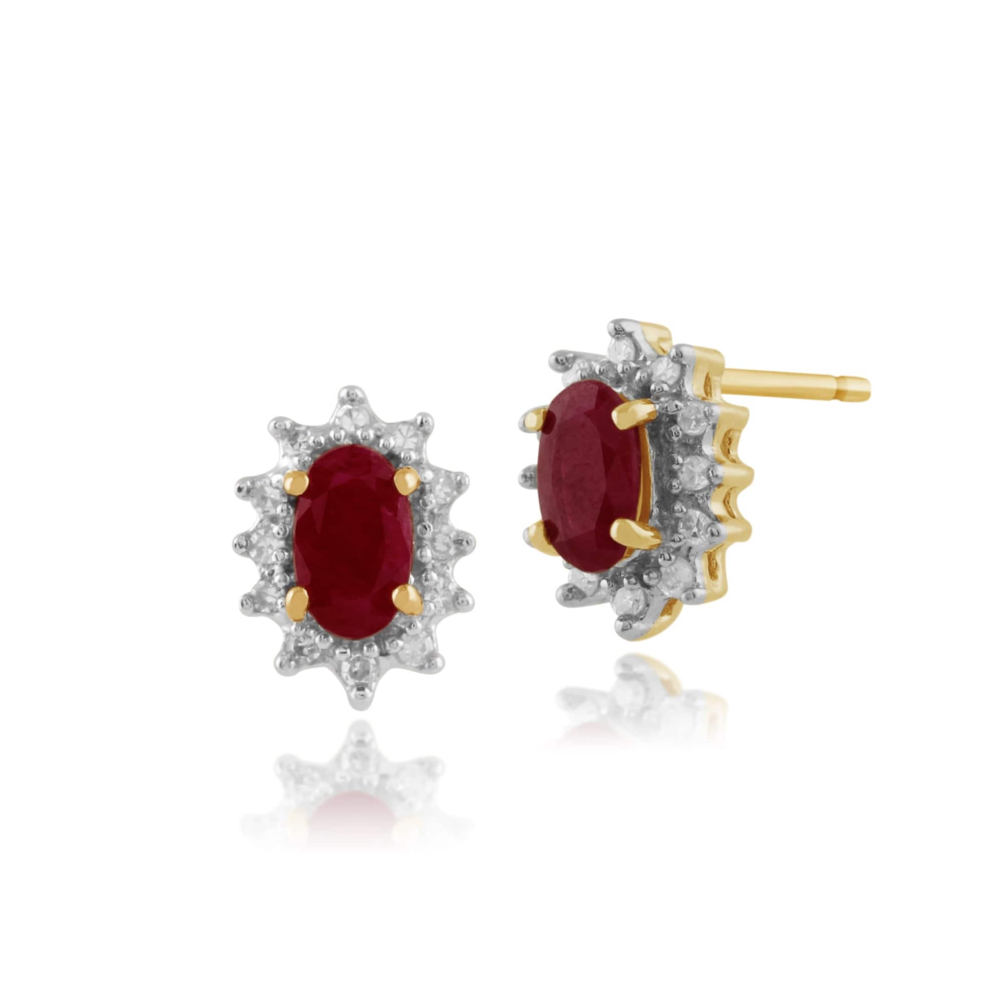 Classic Oval Ruby & Diamond Cluster Stud Earrings in 9ct Yellow Gold - Gemondo