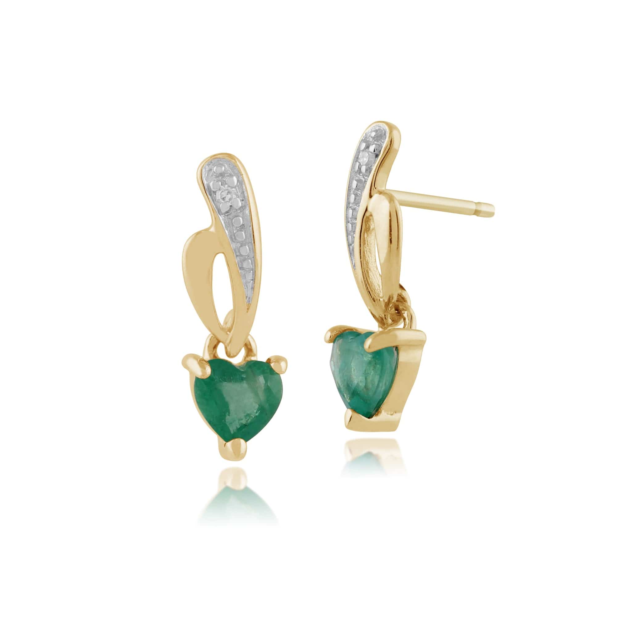 Art Nouveau Style Heart Emerald & Diamond Drop Earrings in 9ct Yellow Gold - Gemondo