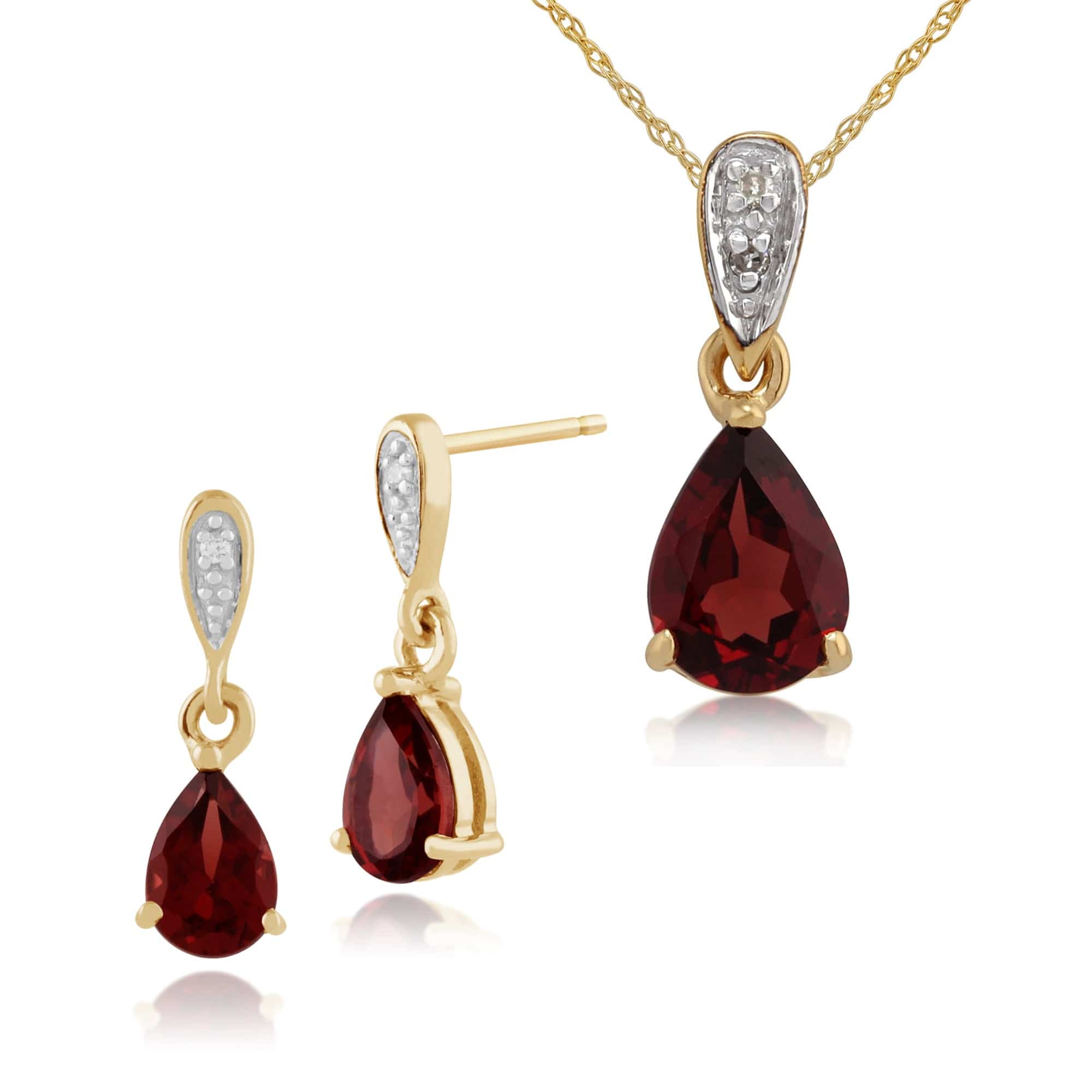 135E1060019-27047 Classic Pear Garnet & Diamond Drop Earrings & Pendant Set in 9ct Yellow Gold 1