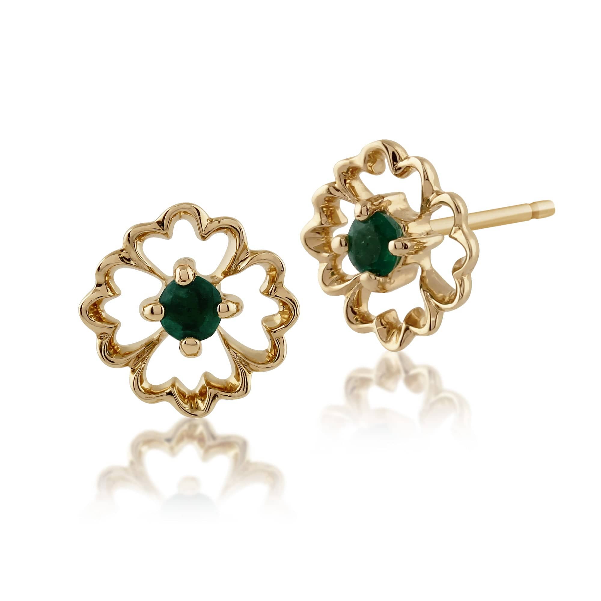 Floral Round Emerald Stud Earrings in 9ct Yellow Gold - Gemondo