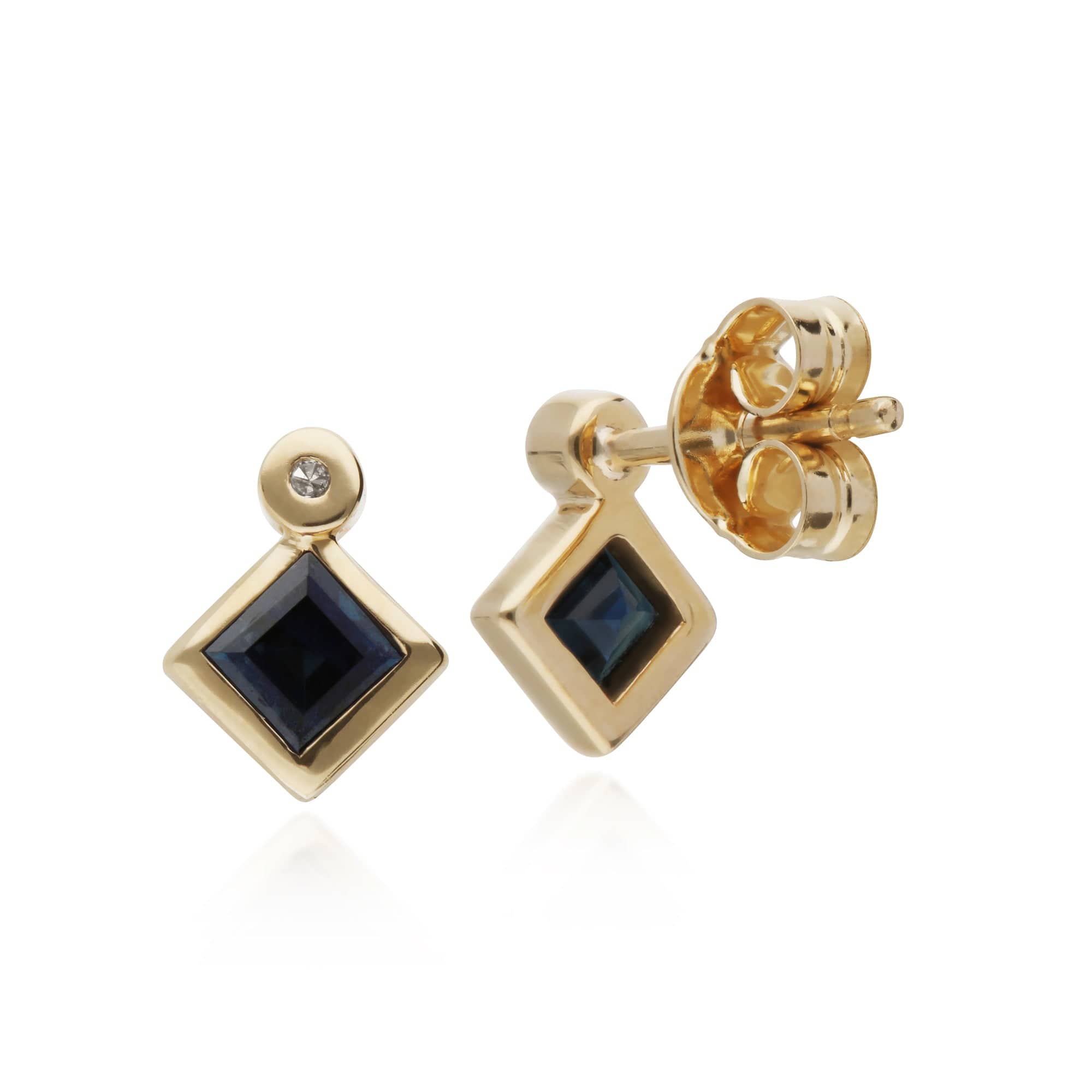 135E1224039 Geometric Square Sapphire & Diamond Stud Earrings in 9ct Yellow Gold 2