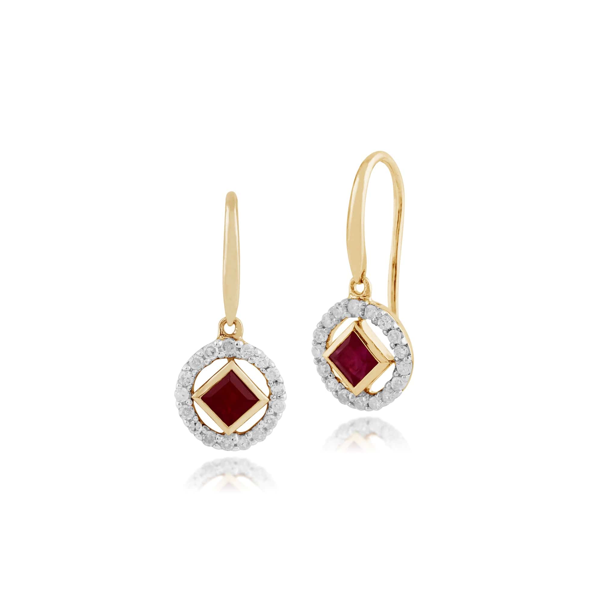 Classic Square Ruby & Diamond Halo Drop Earrings in 9ct Yellow Gold - Gemondo