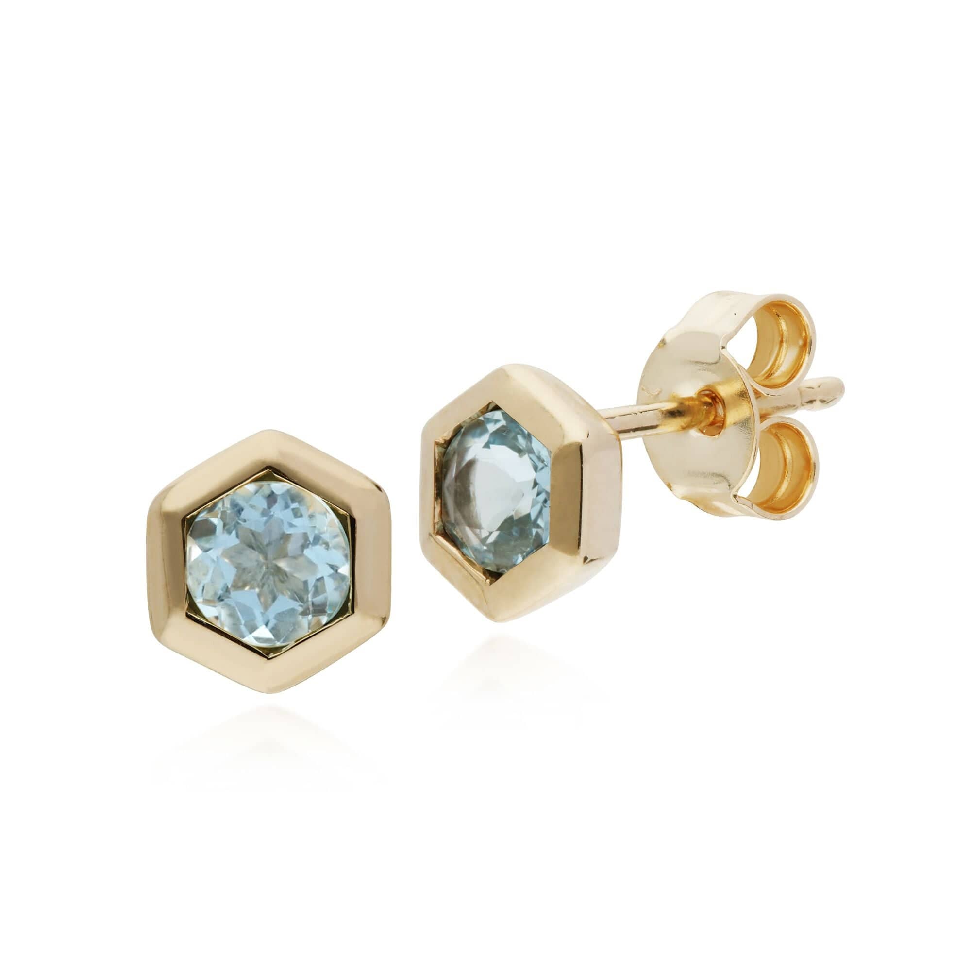 135E1241049 Geometric Hexagon 9ct Yellow Gold Aquamarine Stud Earrings 1