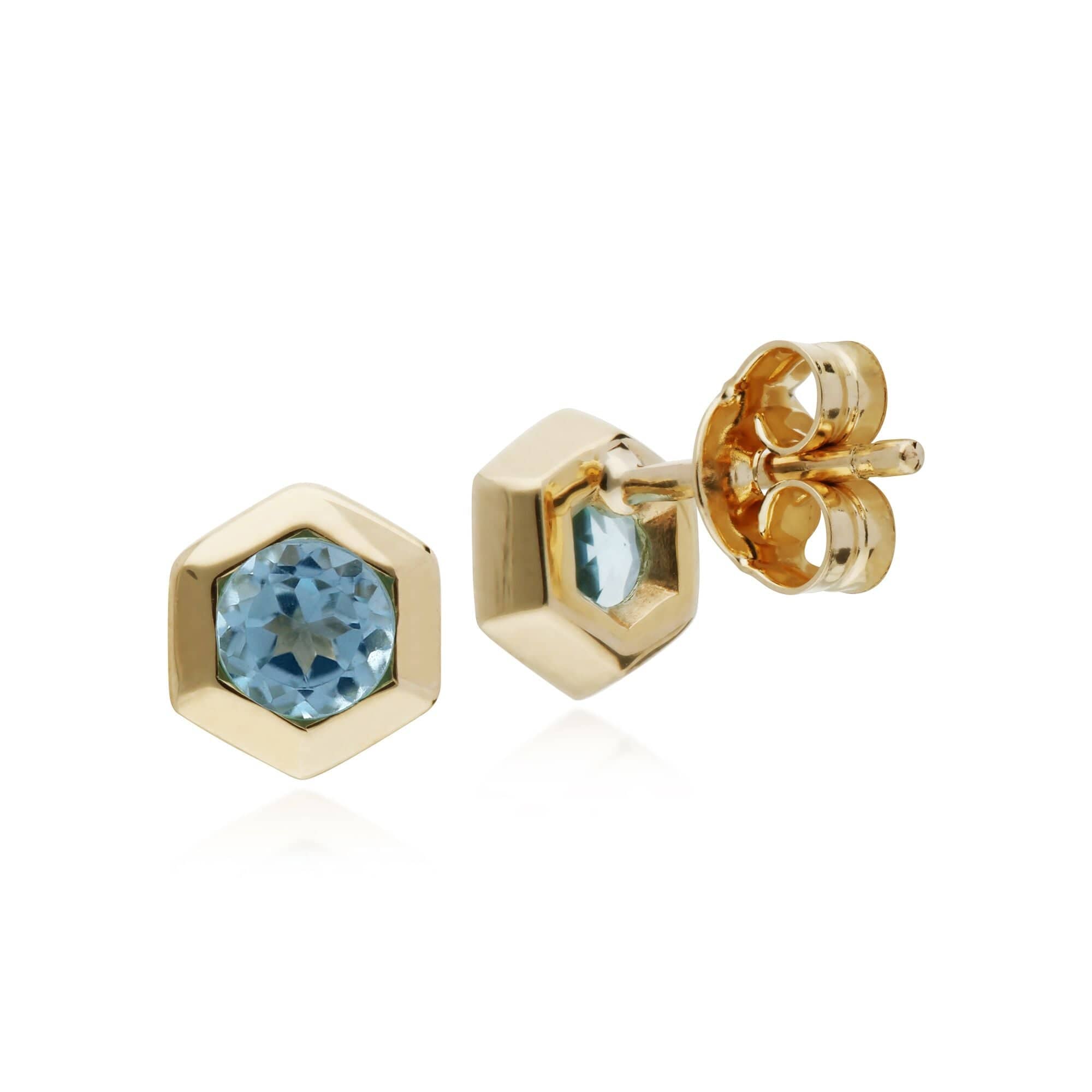 135E1241069 Gemondo  9ct Yellow Gold Blue Topaz Hexagon Stud Earrings 1