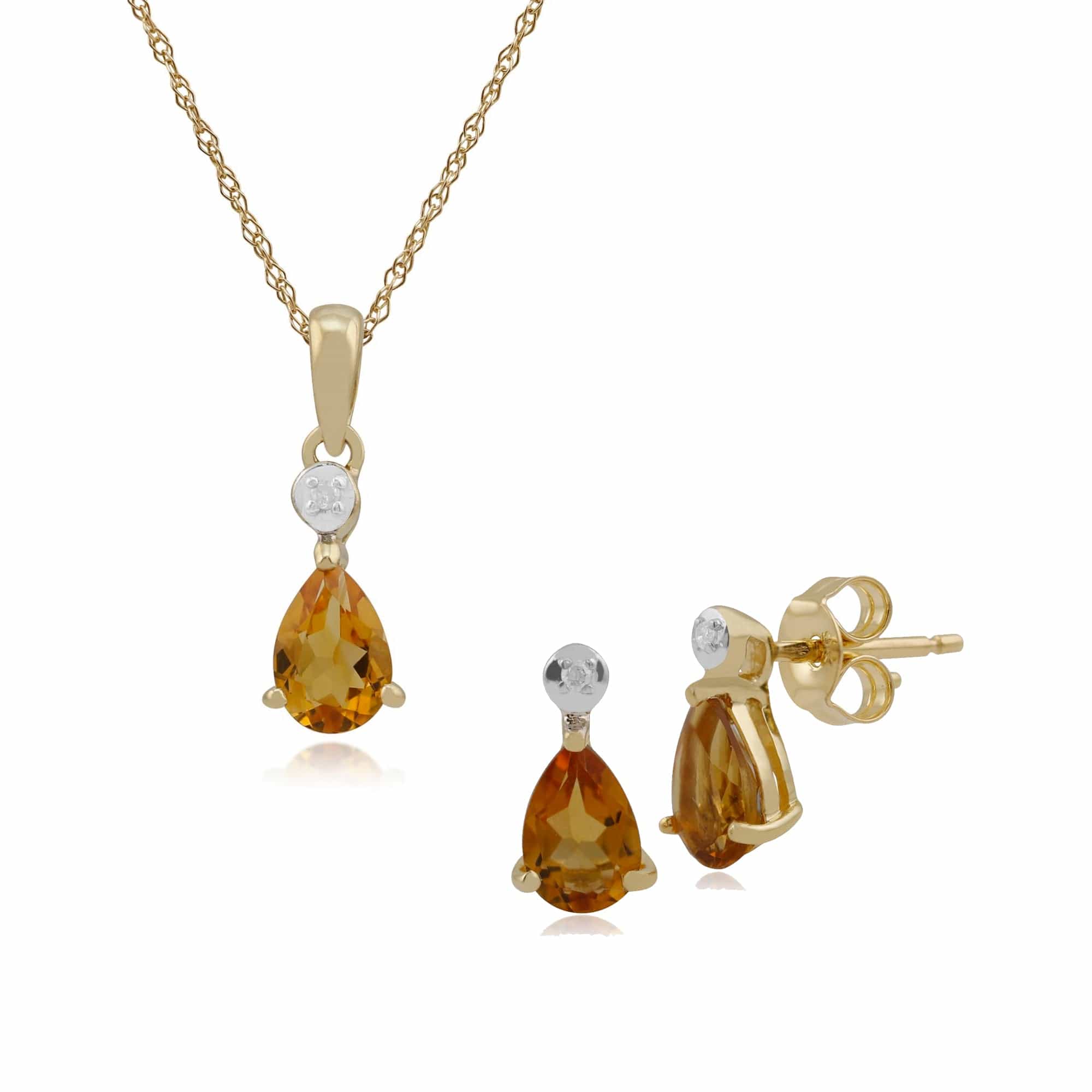 135E1263089-135P1643059 Classic Pear Citrine & Diamond Stud Earrings & Pendant Set in 9ct Yellow Gold 1