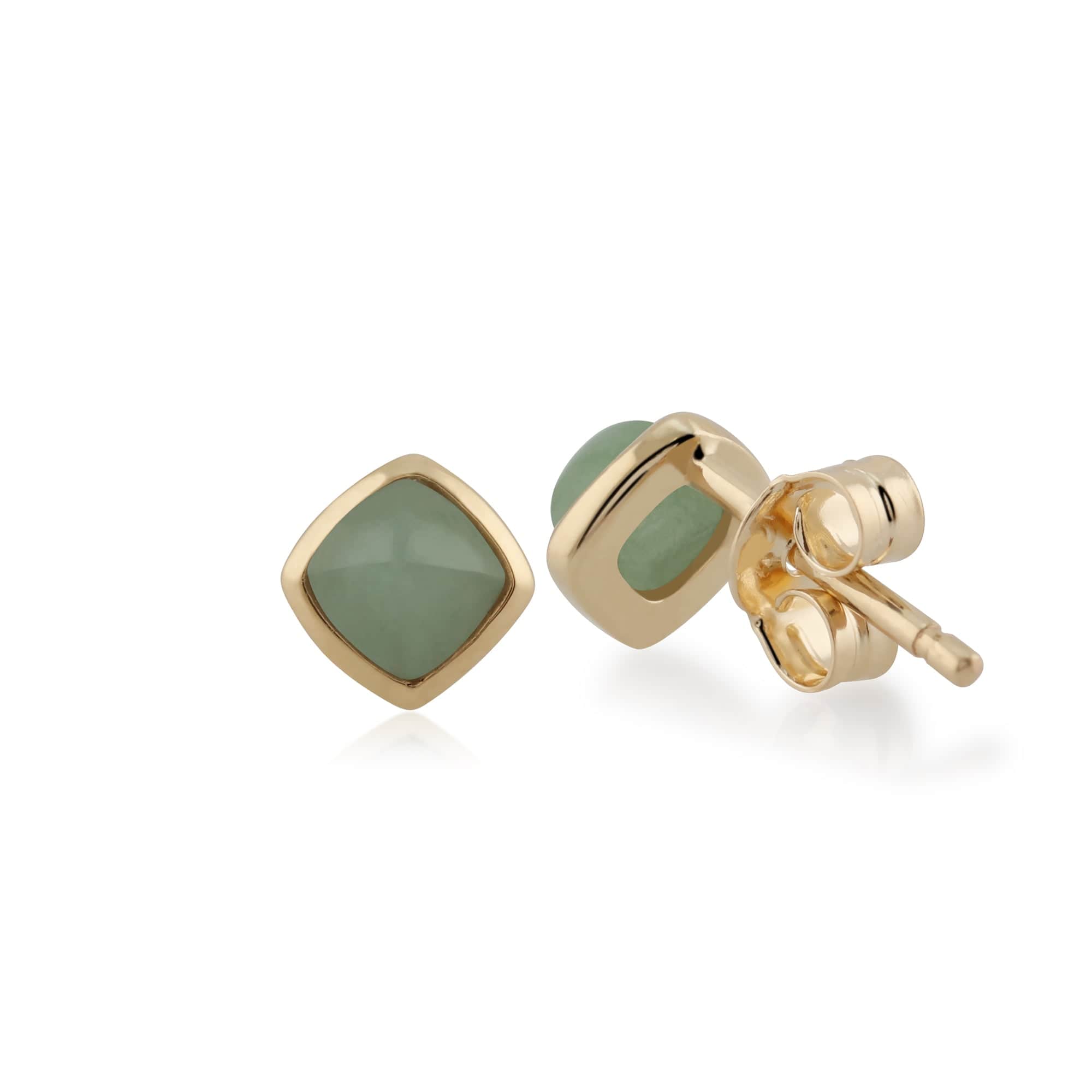 Classic Cushion Green Jade Bezel Set Stud Earrings in 9ct Yellow Gold - Gemondo