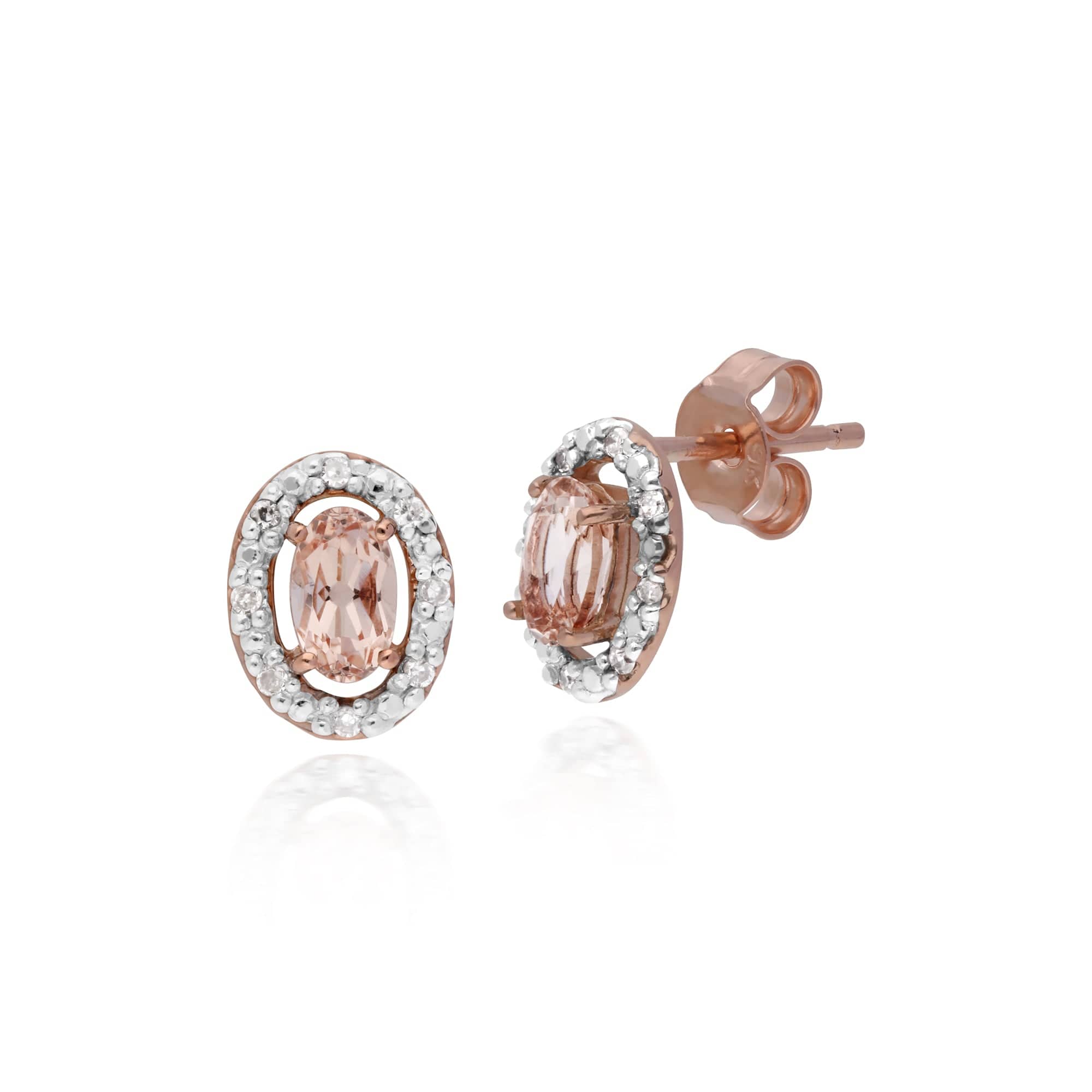 135E1451019-135P1745019 Classic Oval Morganite & Diamond Halo Stud Earrings & Pendant in 9ct Rose Gold 2