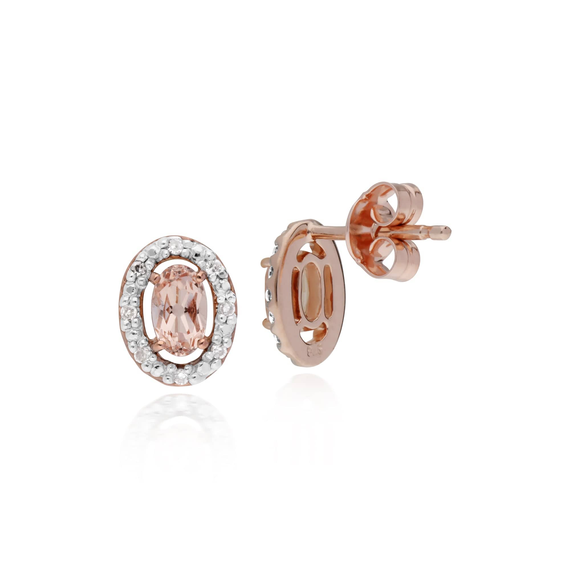 135E1451019 Classic Oval Morganite & Diamond Halo Stud Earrings in 9ct Rose Gold 3