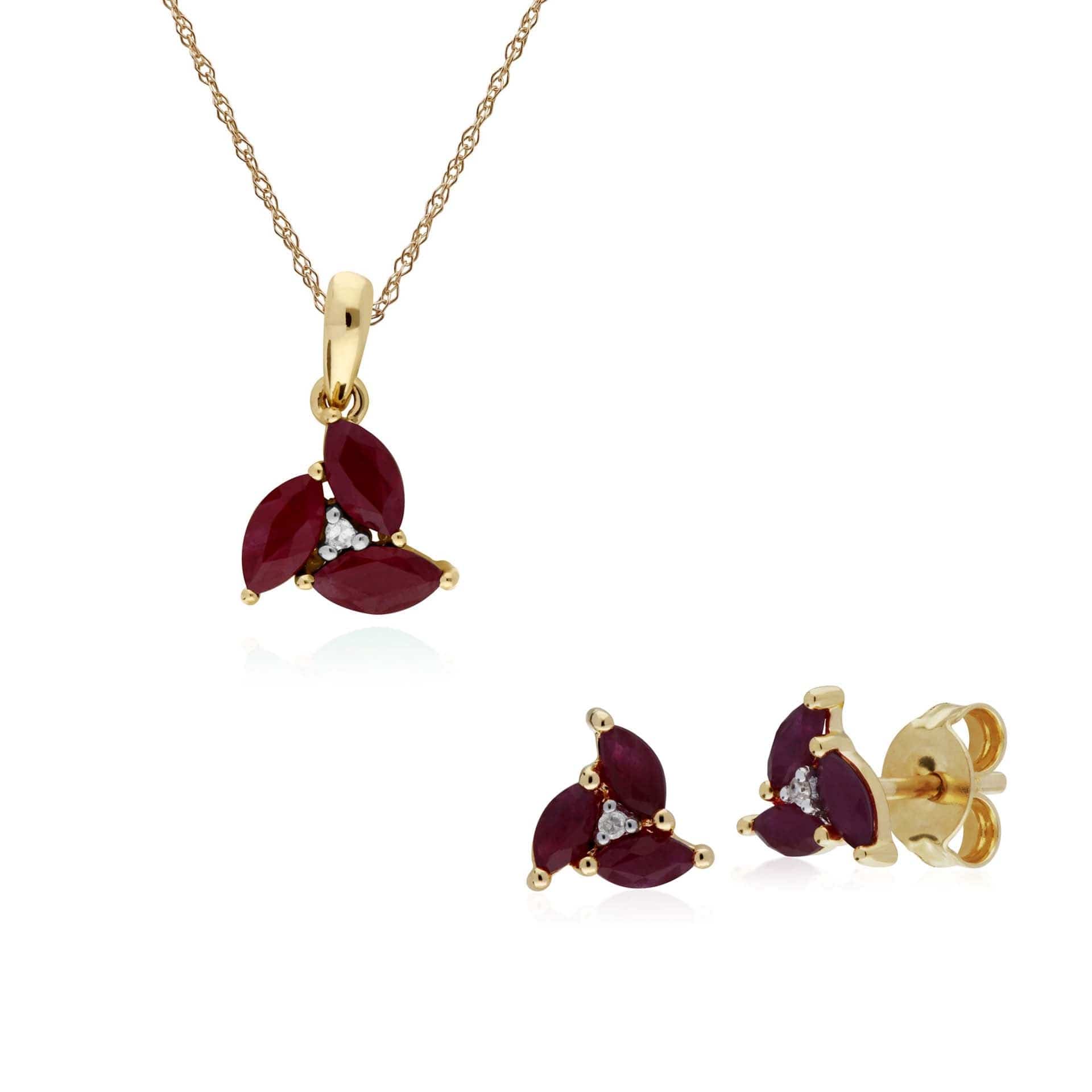 135E1488029-135P1901019 Classic Round Ruby Marquise Cluster Stud Earrings & Necklace Set in 9ct Yellow Gold 1
