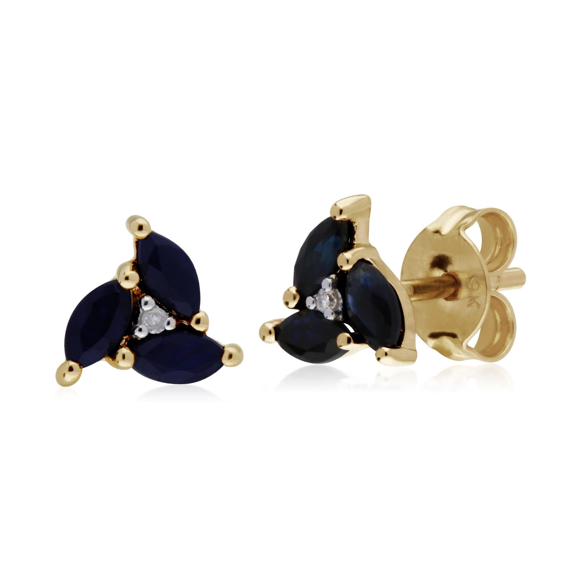135E1488019 Floral Marquise Sapphire & Diamond Stud Earrings in 9ct Yellow Gold 1