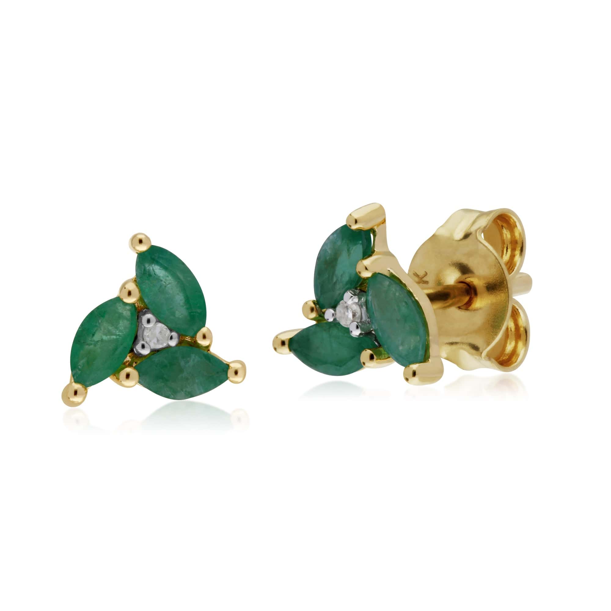 135E1488039 Floral Marquise Emerald & Diamond Stud Earrings in 9ct Yellow Gold 1