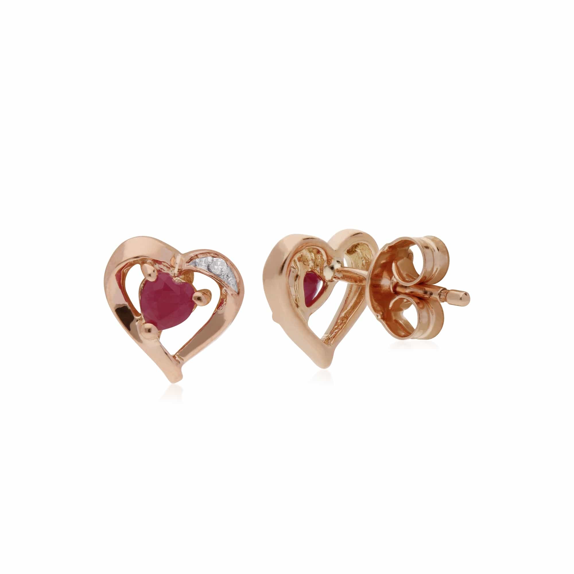 135E1493019 Classic Heart Ruby & Diamond Love Heart Stud Earrings in 9ct Rose Gold 2