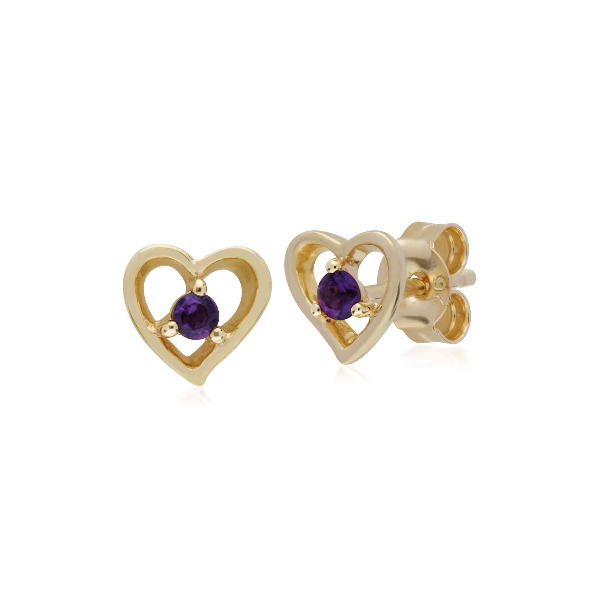 135E1521059-135P1875049 Classic Round Amethyst Single Stone Heart Stud Earrings & Necklace Set in 9ct Yellow Gold 2
