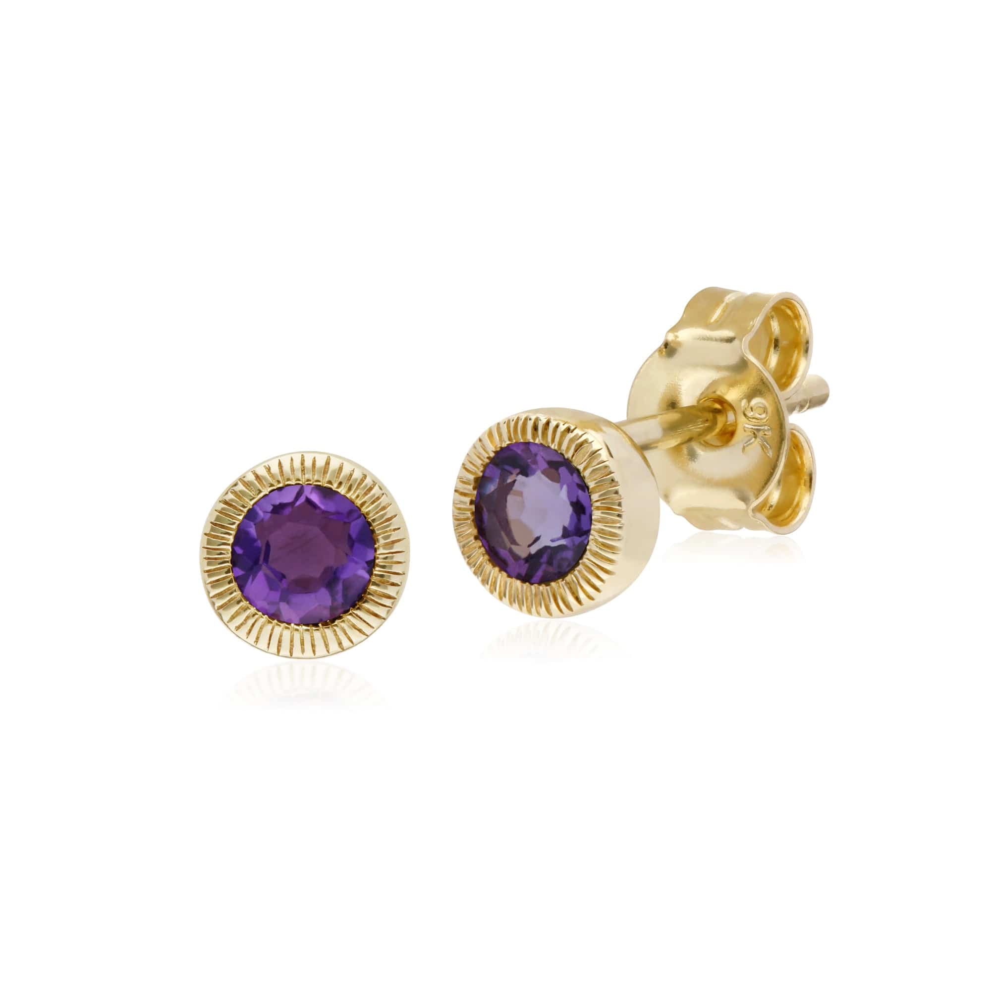 Classic  Amethyst Milgrain Stud Earrings in 9ct Yellow Gold - Gemondo