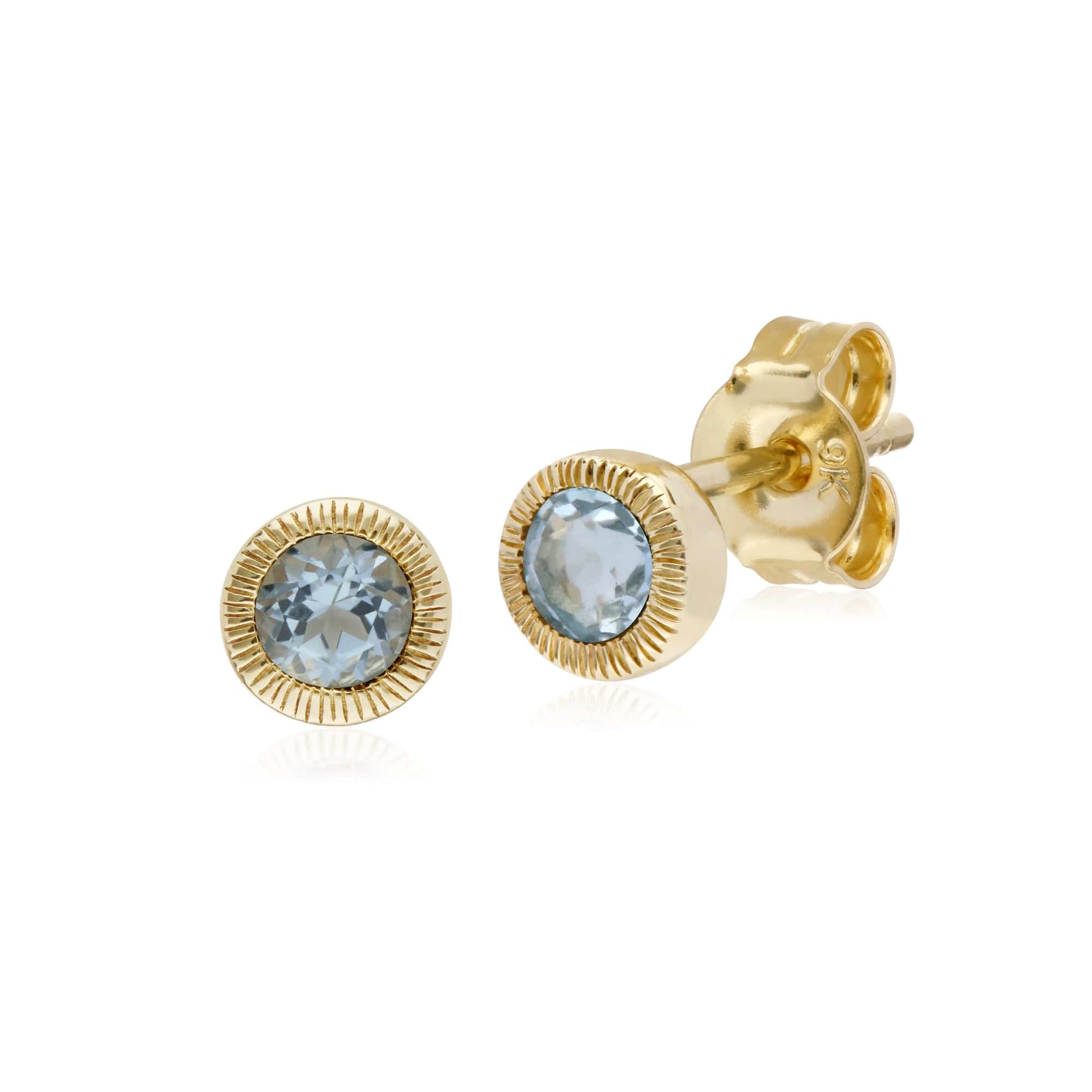 135E1522099 Classic Single Stone Round Aquamarine Milgrain Stud Earrings in 9ct Yellow Gold 1