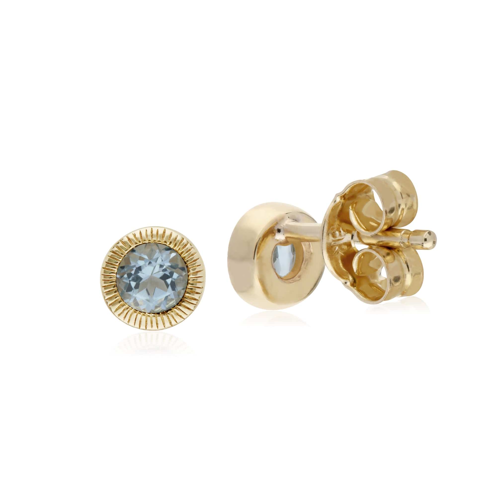 135E1522099 Classic Single Stone Round Aquamarine Milgrain Stud Earrings in 9ct Yellow Gold 2