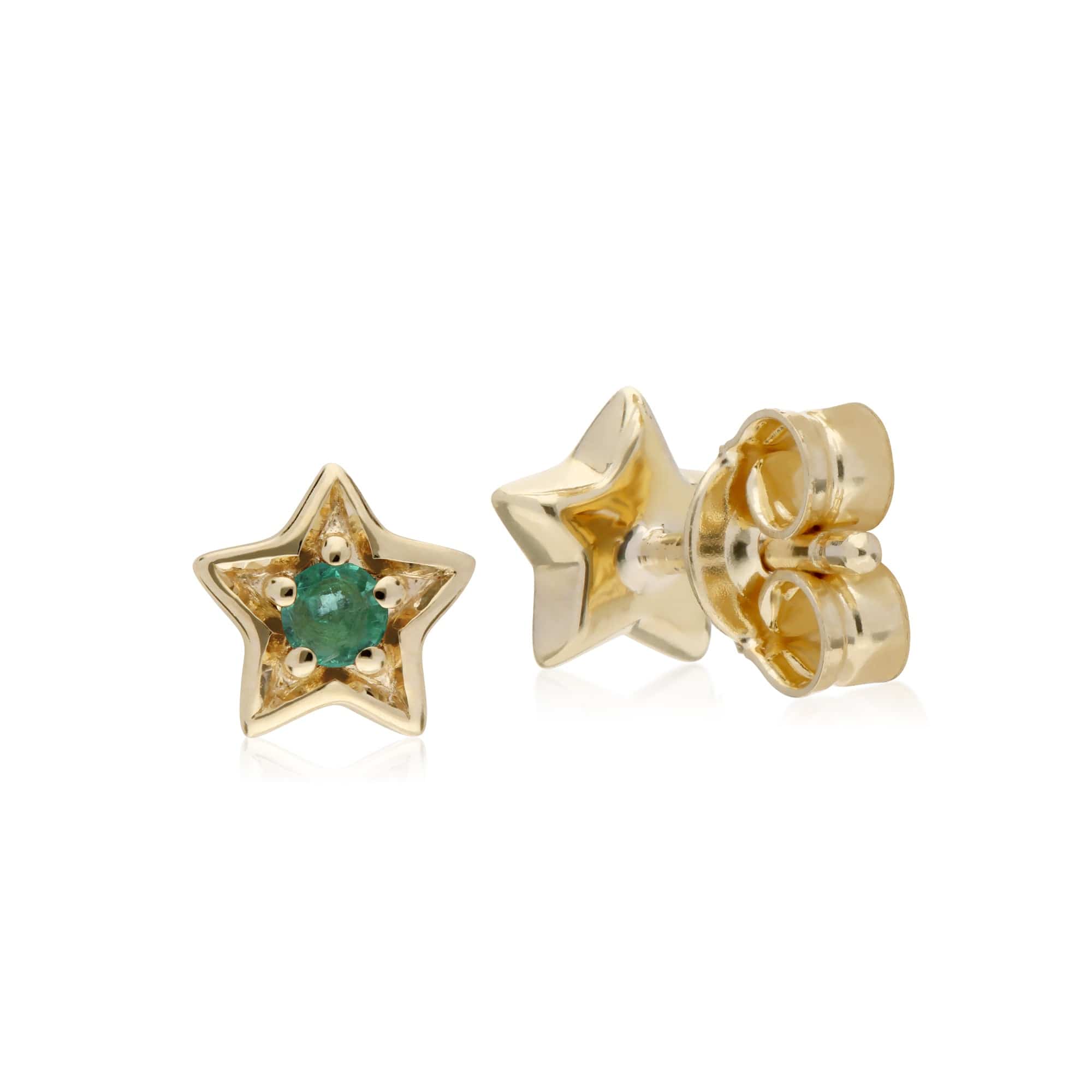 135E1523039 Classic Single Stone Round Emerald Star Stud Earrings in 9ct Yellow Gold 2