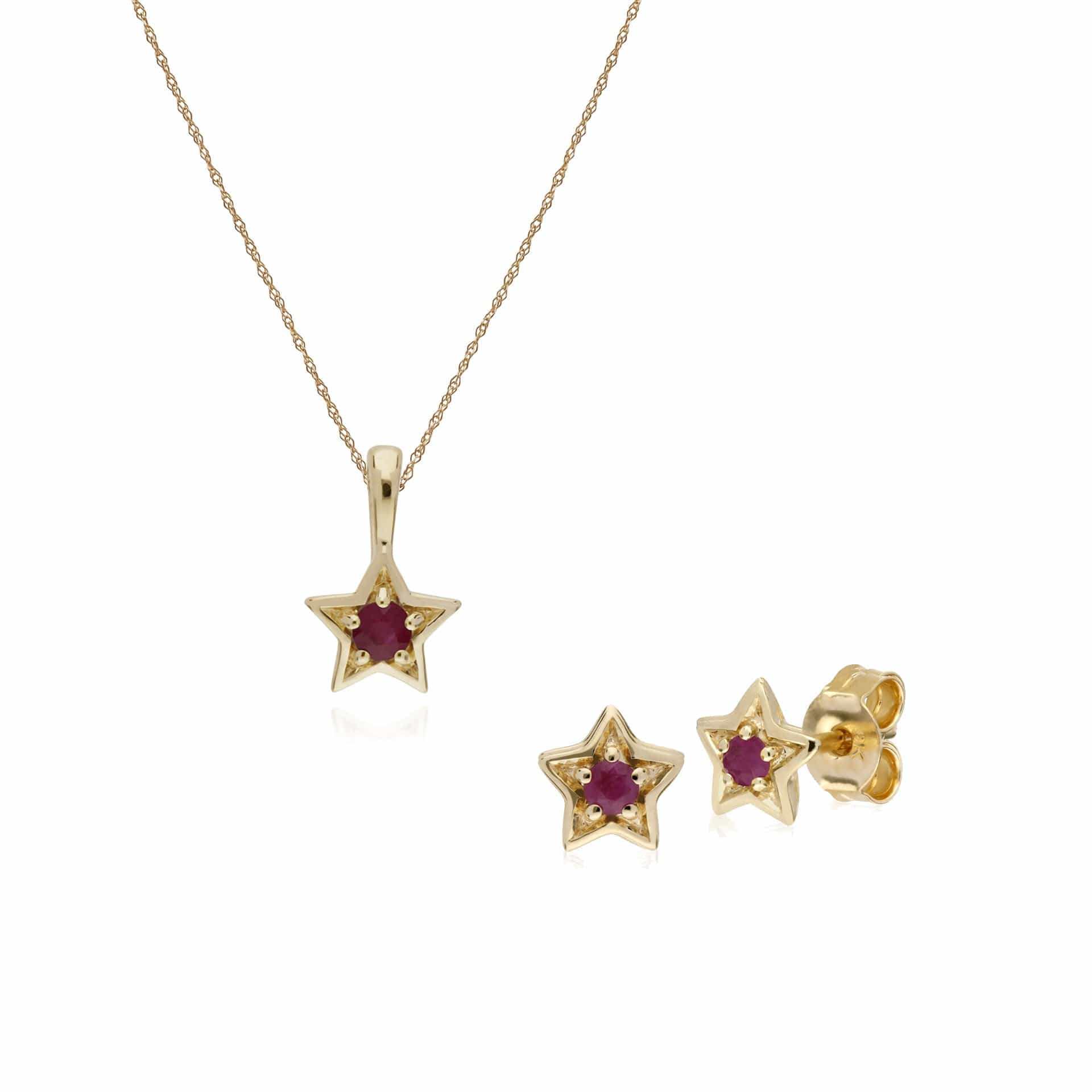 135E1523029-135P1874029 Contemporary Round Ruby Single Stone Star Earrings & Necklace Set in 9ct Yellow Gold 1
