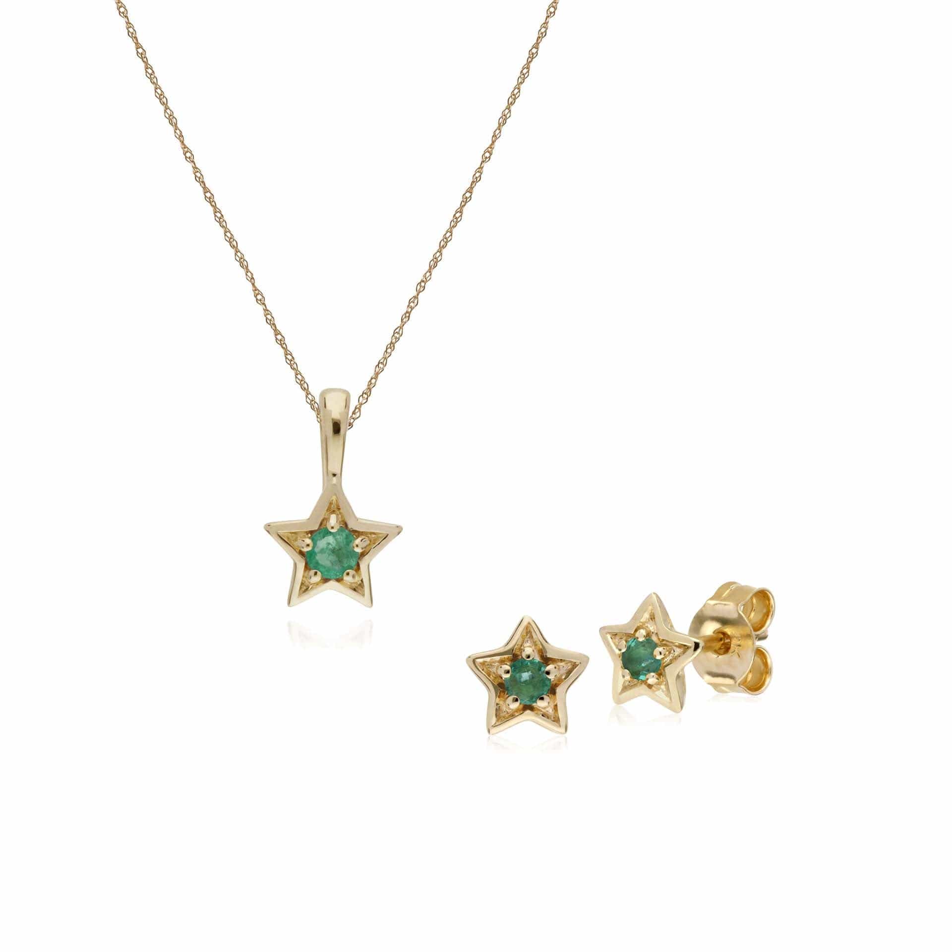 135E1523039-135P1874039 Contemporary Round Emerald Single Stone Star Earrings & Necklace Set in 9ct Yellow Gold 1