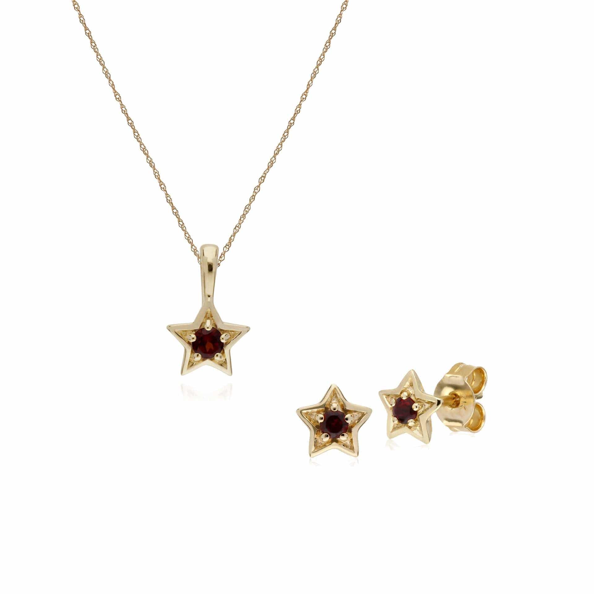 135E1523079-135P1874079 Contemporary Round Garnet Single Stone Star Earrings & Necklace Set in 9ct Yellow Gold 1