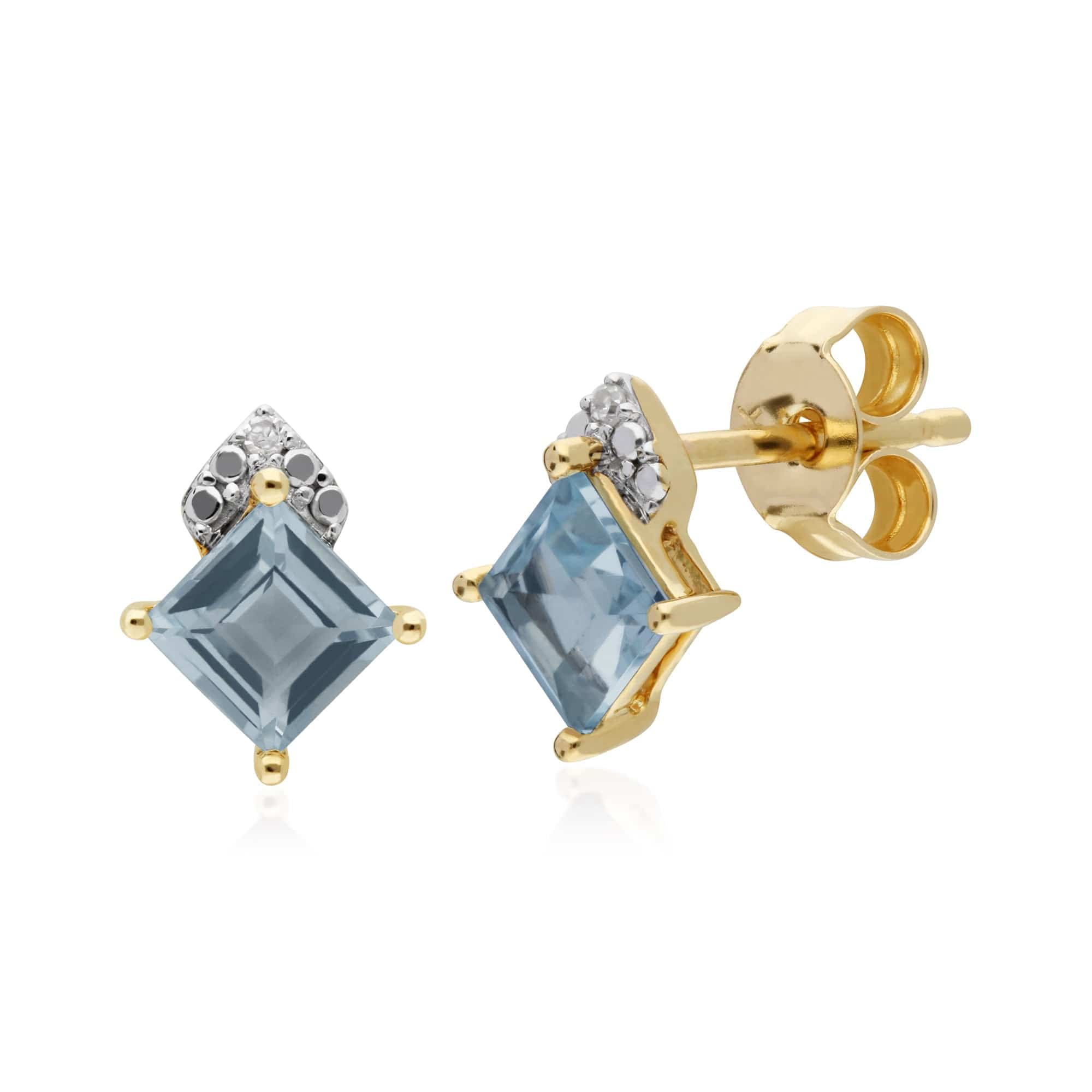 135E1553039 Gemondo 9ct Yellow Gold Blue Topaz & Diamond Square Stud Earrings 1