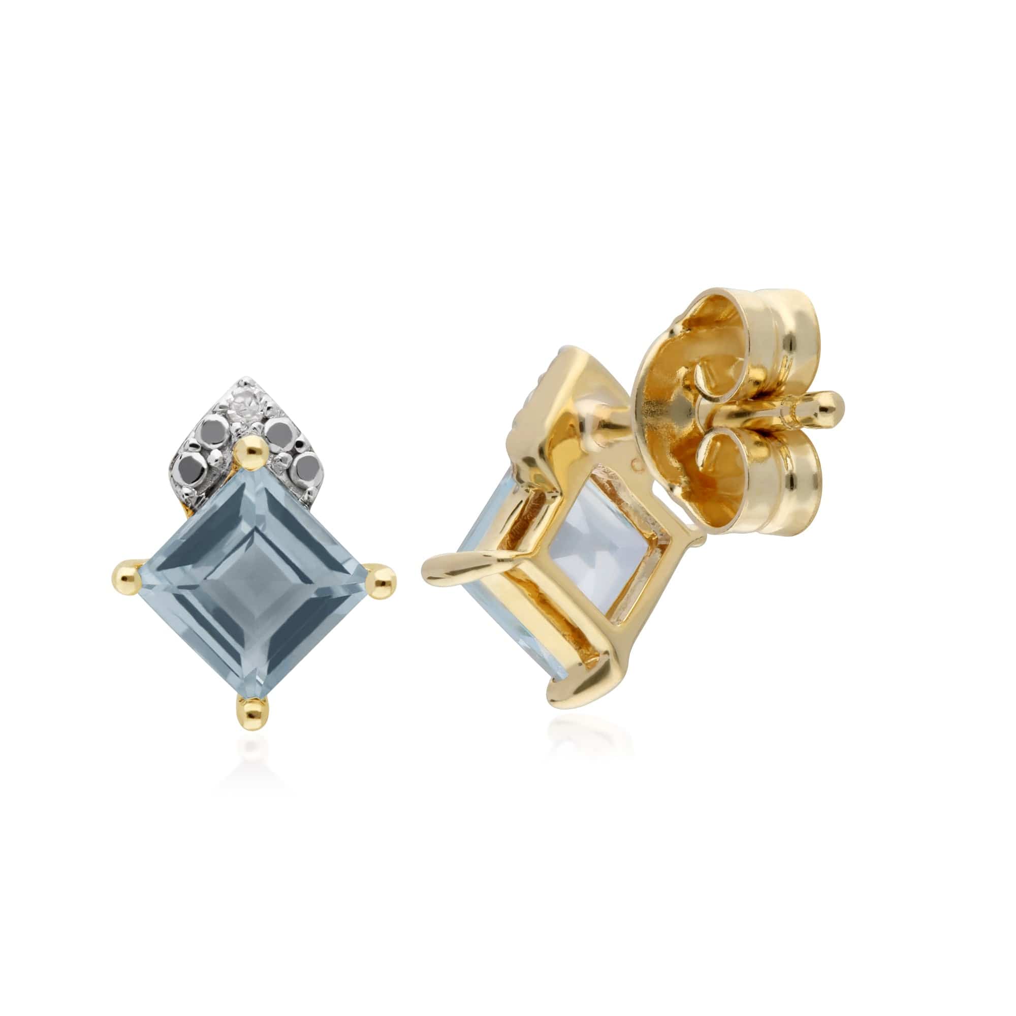 Gemondo 9ct Yellow Gold Blue Topaz & Diamond Square Stud Earrings - Gemondo