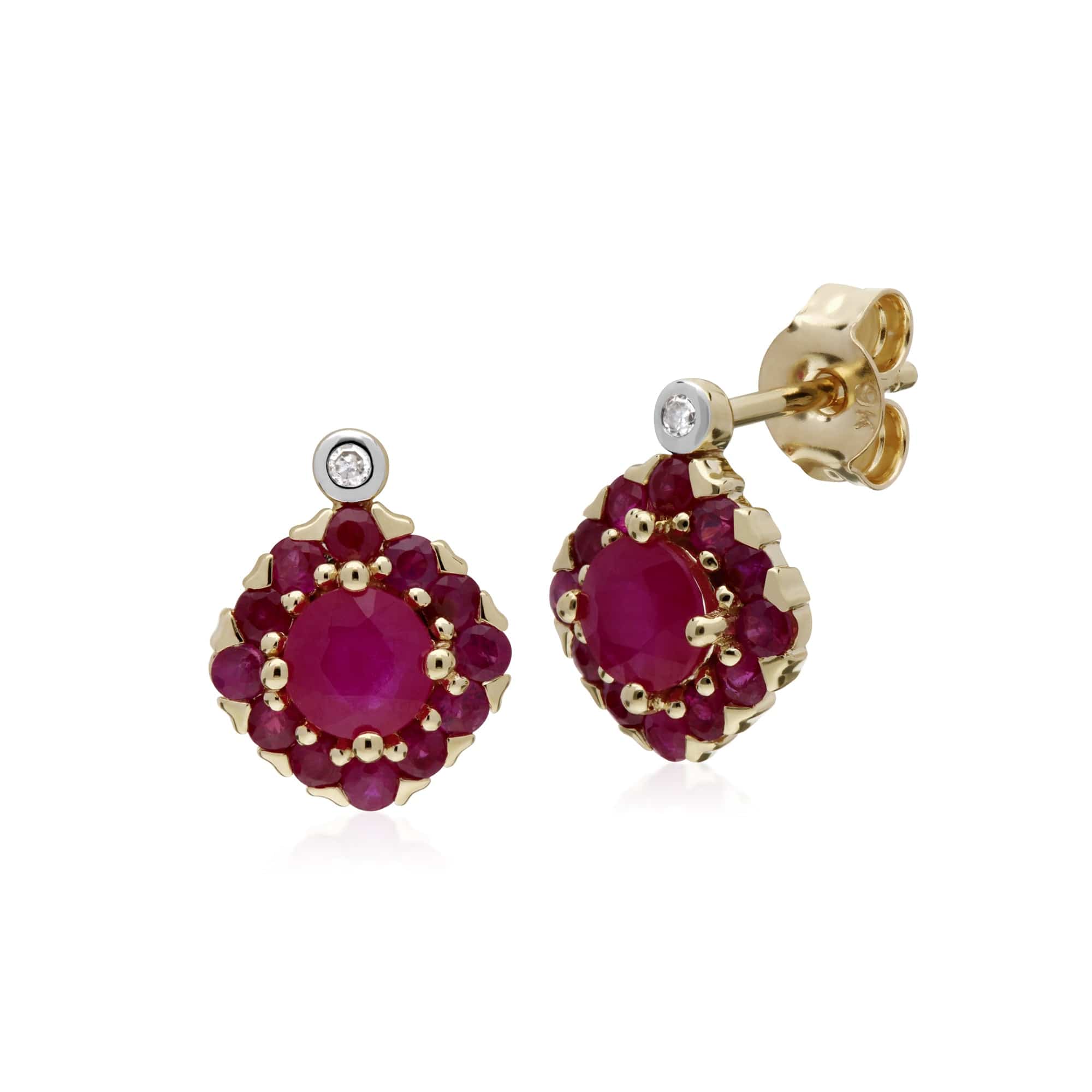 135E1571019-135P1911019 Classic Round Ruby & Diamond Square Cluster Stud Earrings & Pendant Set in 9ct Yellow Gold 2