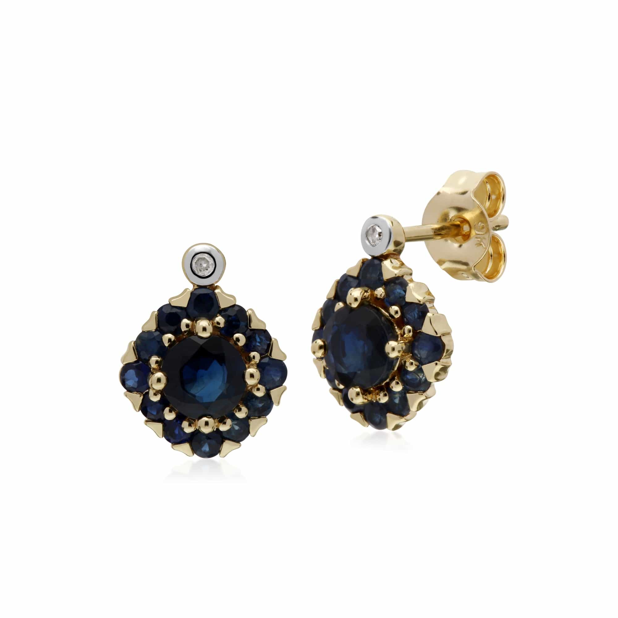 135E1571029-135P1911029 Classic Round Sapphire & Diamond Square Cluster Stud Earrings & Pendant Set in 9ct Yellow Gold 2
