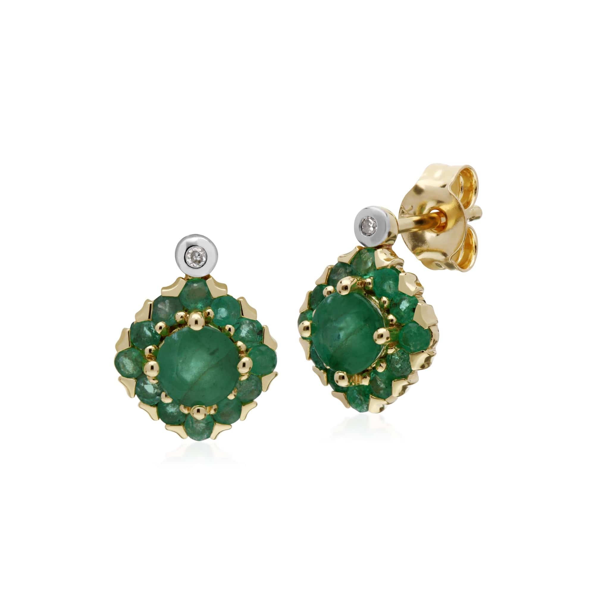 135E1571039-135P1911039 Classic Round Emerald & Diamond Square Cluster Stud Earrings & Pendant Set in 9ct Yellow Gold 2