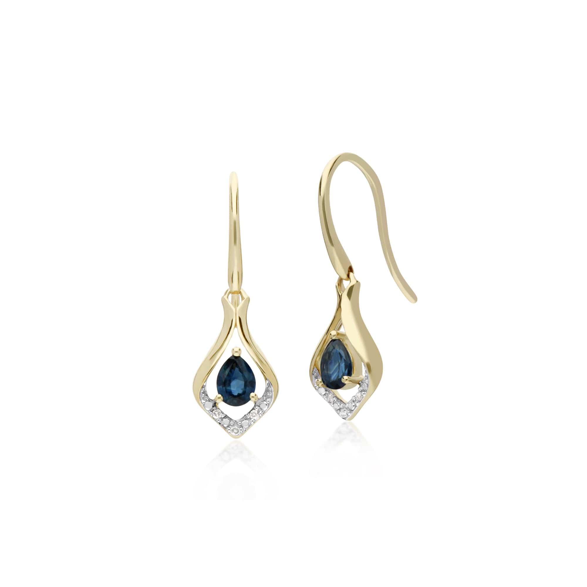 135E1577029 Classic Pear Sapphire & Diamond Leaf Halo Drop Earrings in 9ct Yellow Gold 1