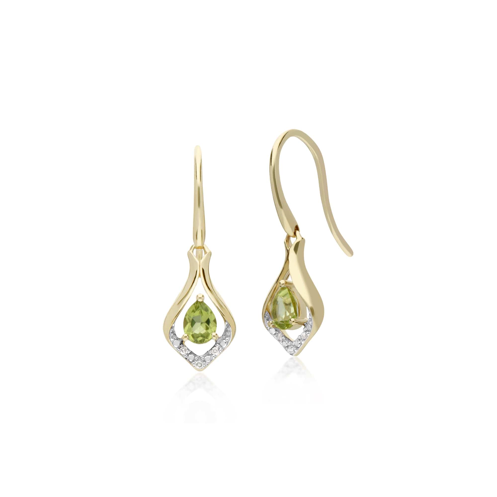 Classic Pear Peridot & Diamond Leaf Halo Drop Earrings in 9ct Yellow Gold - Gemondo