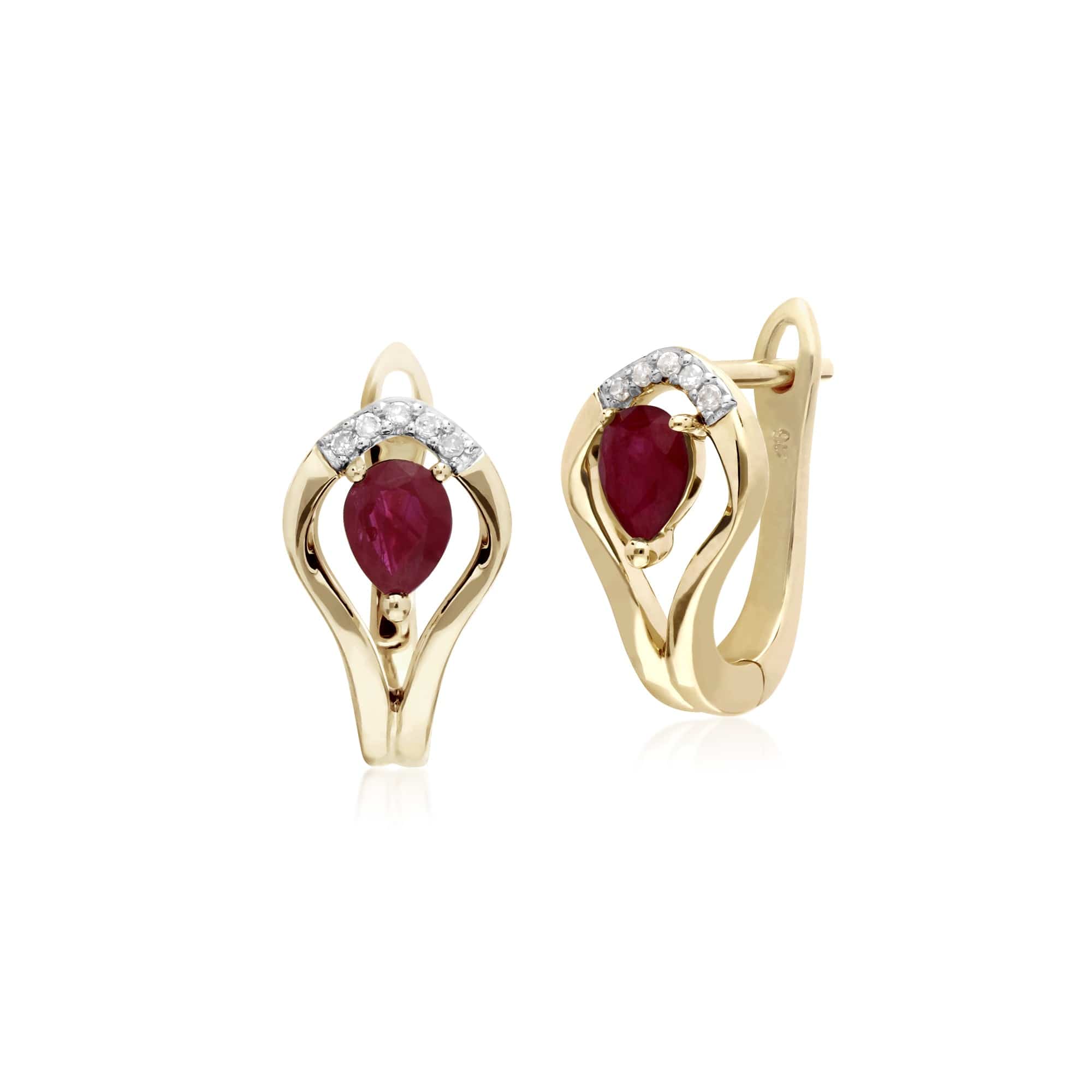 135E1578019 Classic Round Ruby & Diamond Leaf Halo Lever back Earrings in 9ct Yellow Gold 1