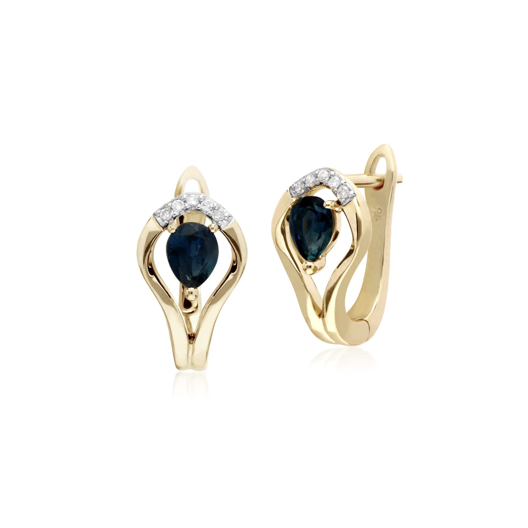 135E1578029 Classic Sapphire & Diamond Leaf Halo Earrings in 9ct Yellow Gold 1