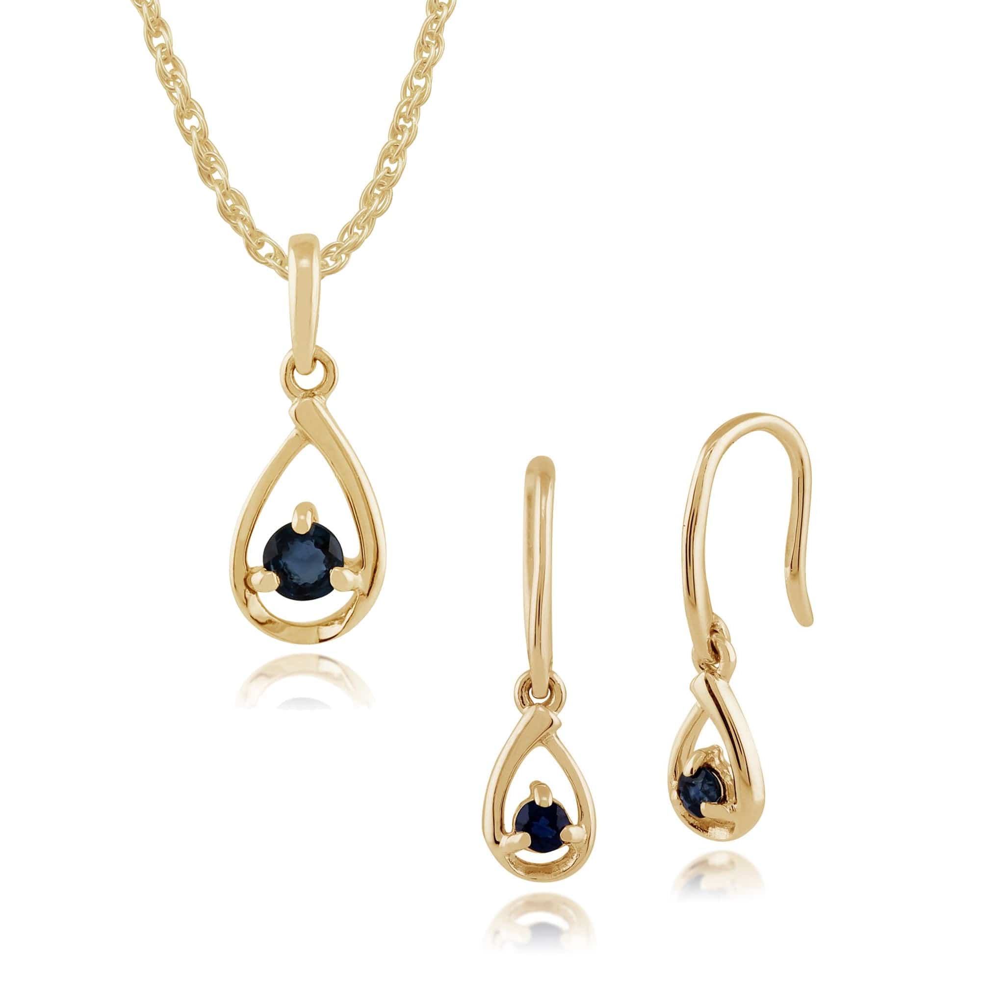 135E1190039-135P1551039 Classic Round Sapphire Single Stone Halo Drop Earrings & Pendant Set in 9ct Yellow Gold 1