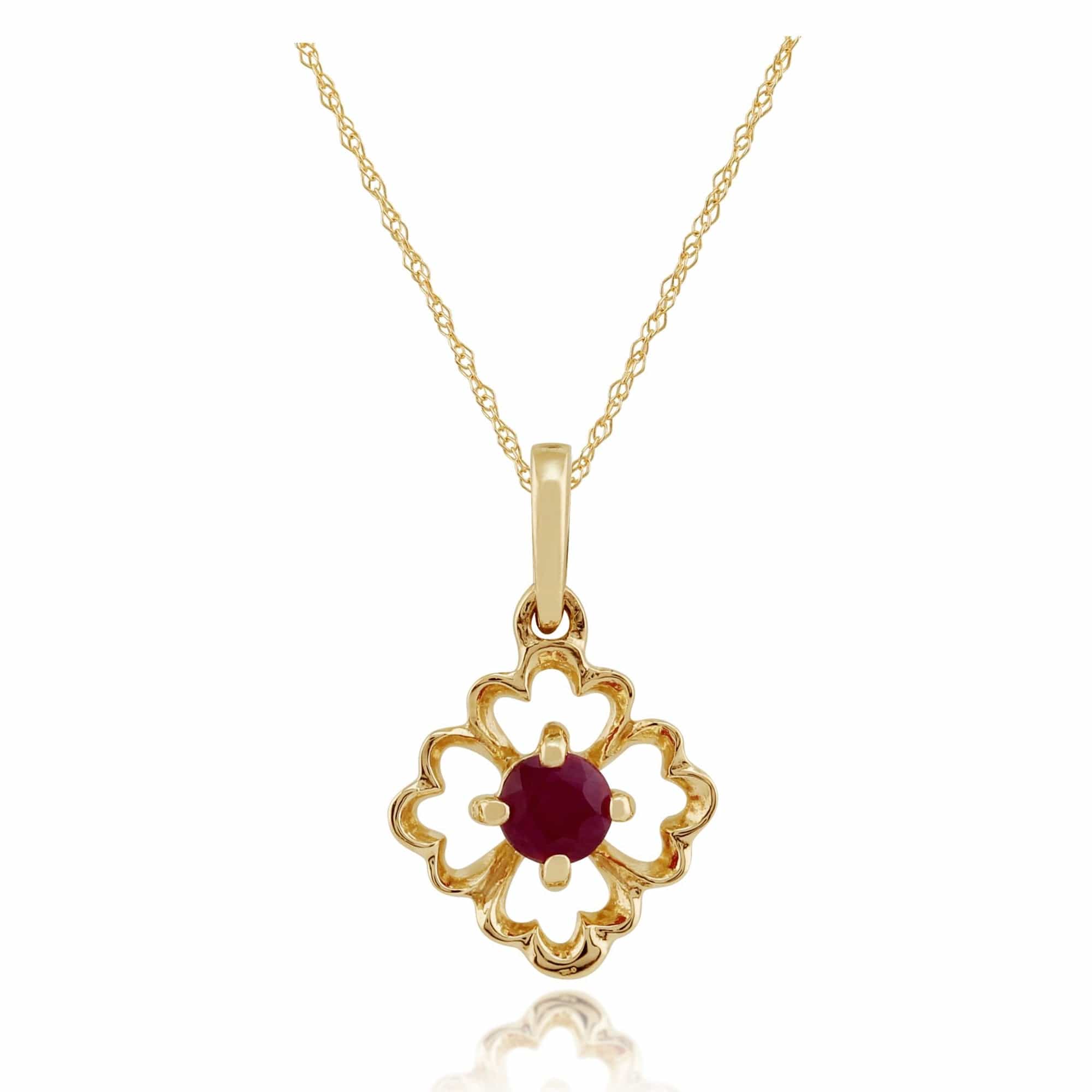 135P1558029 Floral Round Ruby Pendant in 9ct Yellow Gold 1