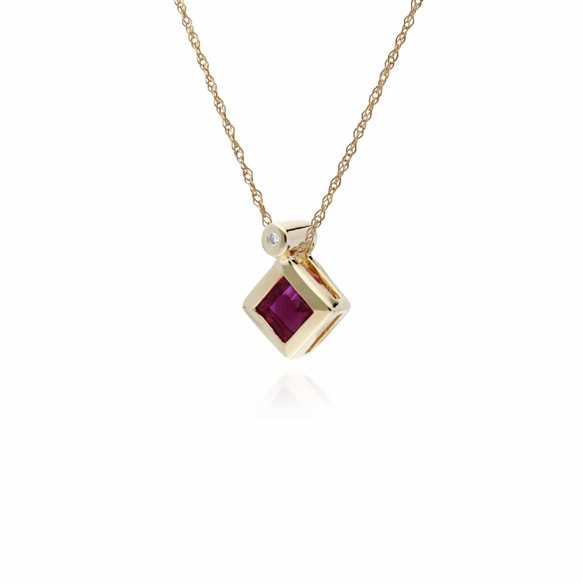 Geometric Square Ruby & Diamond Pendant in 9ct Yellow Gold - Gemondo