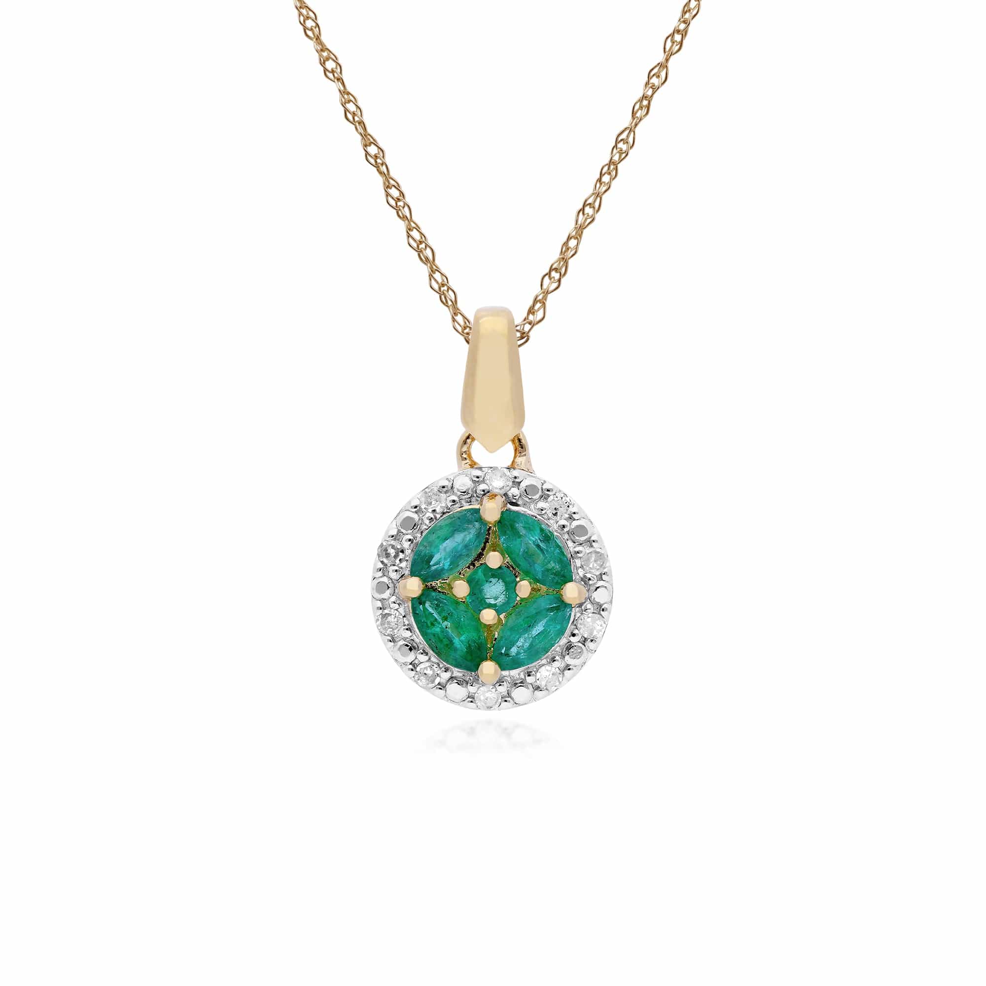 Classic Marquise Emerald & Diamond Halo Cluster Pendant in 9ct Yellow Gold - Gemondo