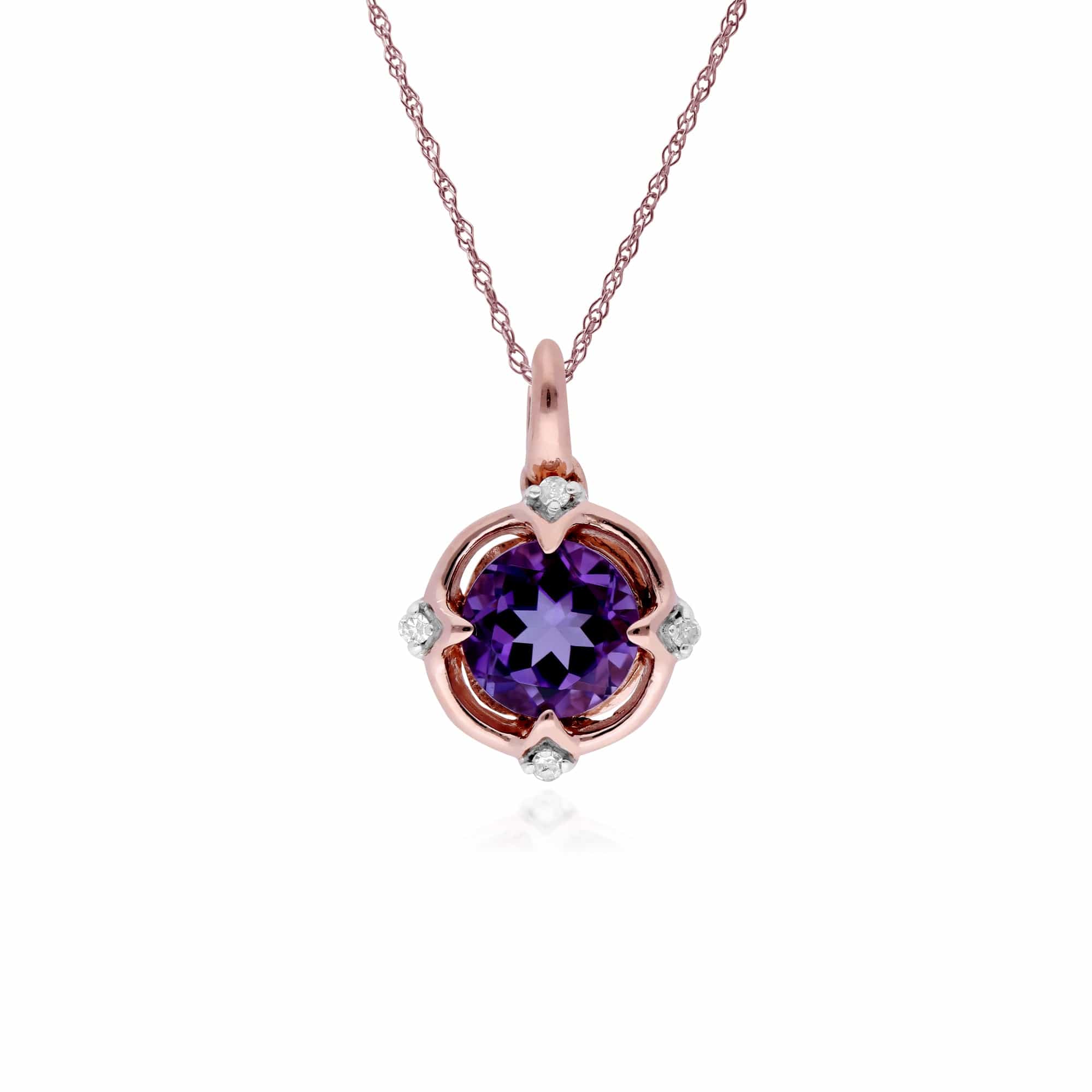 Classic Round Amethyst & Diamond Quarterfoil Pendant in 9ct Rose Gold - Gemondo