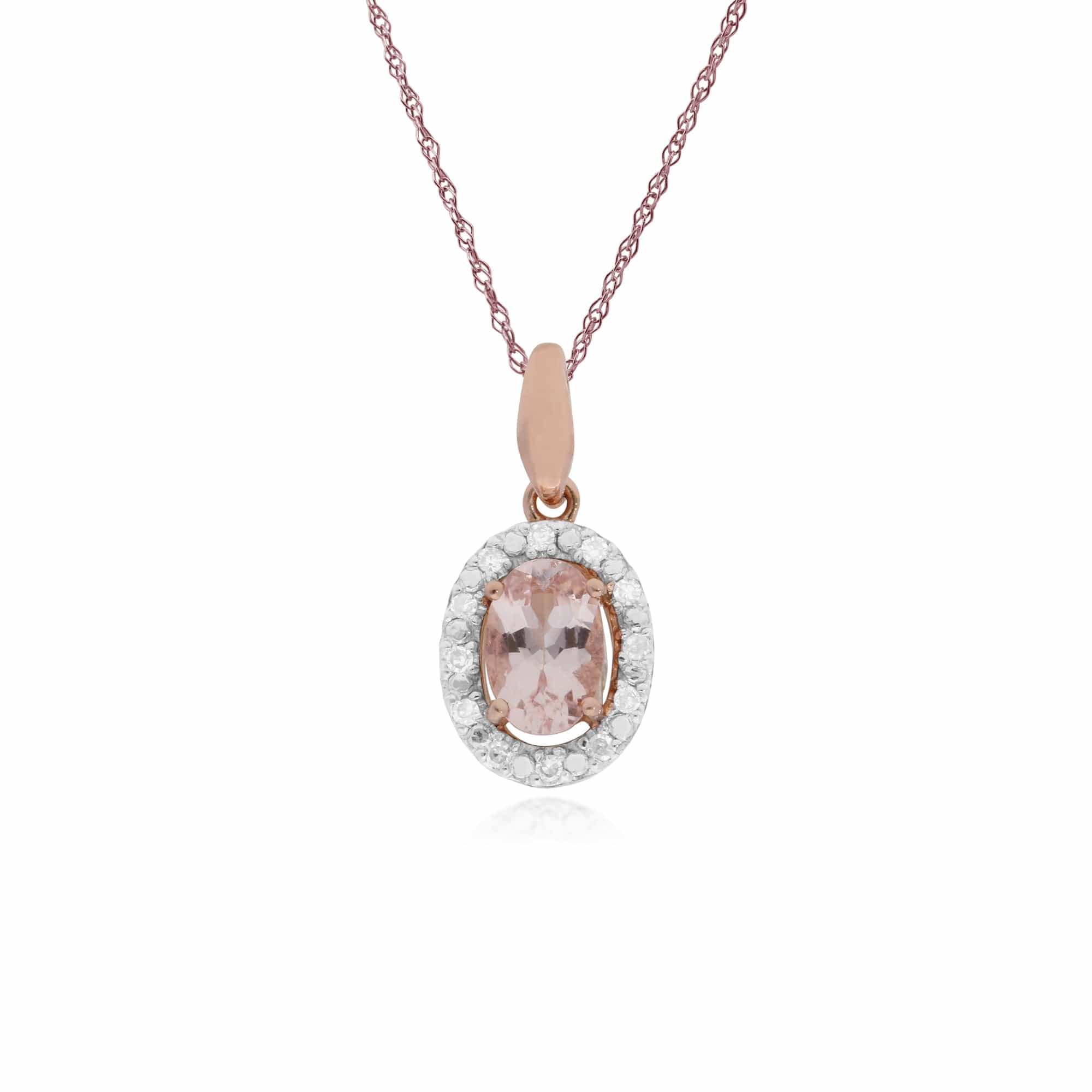 135P1745019-135R1589019 Classic Oval Morganite & Diamond Halo Pendant & Halo Ring in 9ct Rose Gold 2