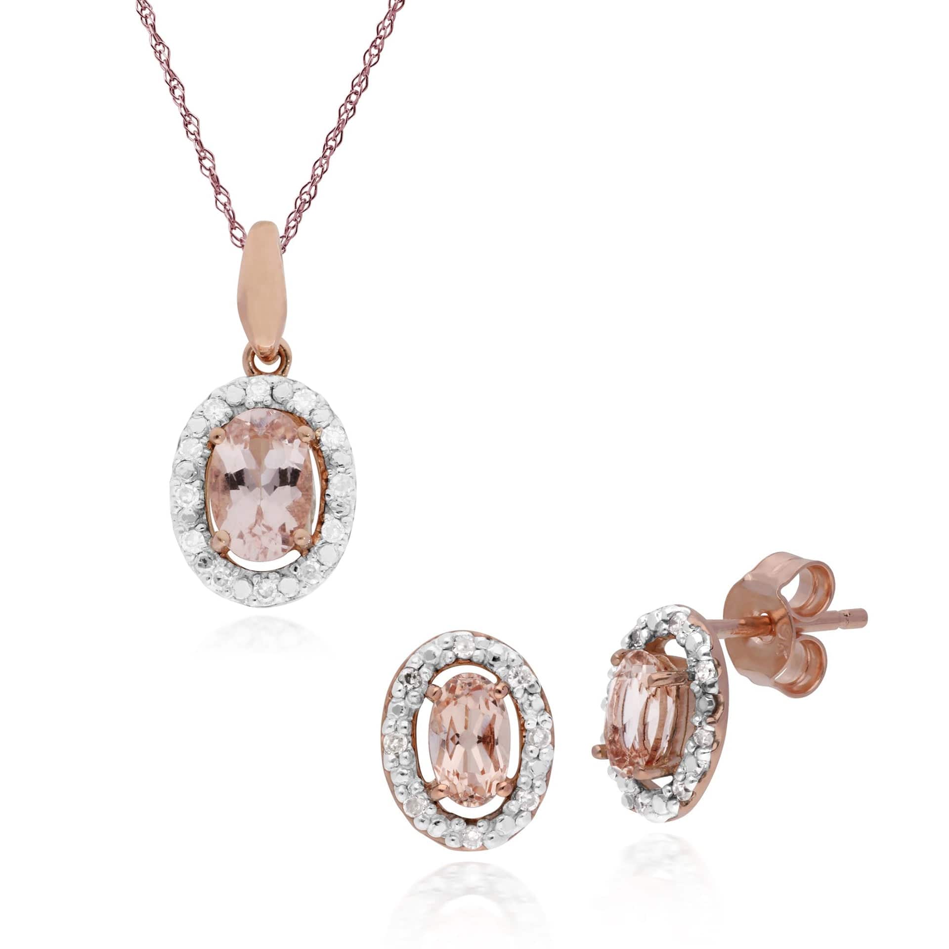135E1451019-135P1745019 Classic Oval Morganite & Diamond Halo Stud Earrings & Pendant in 9ct Rose Gold 1