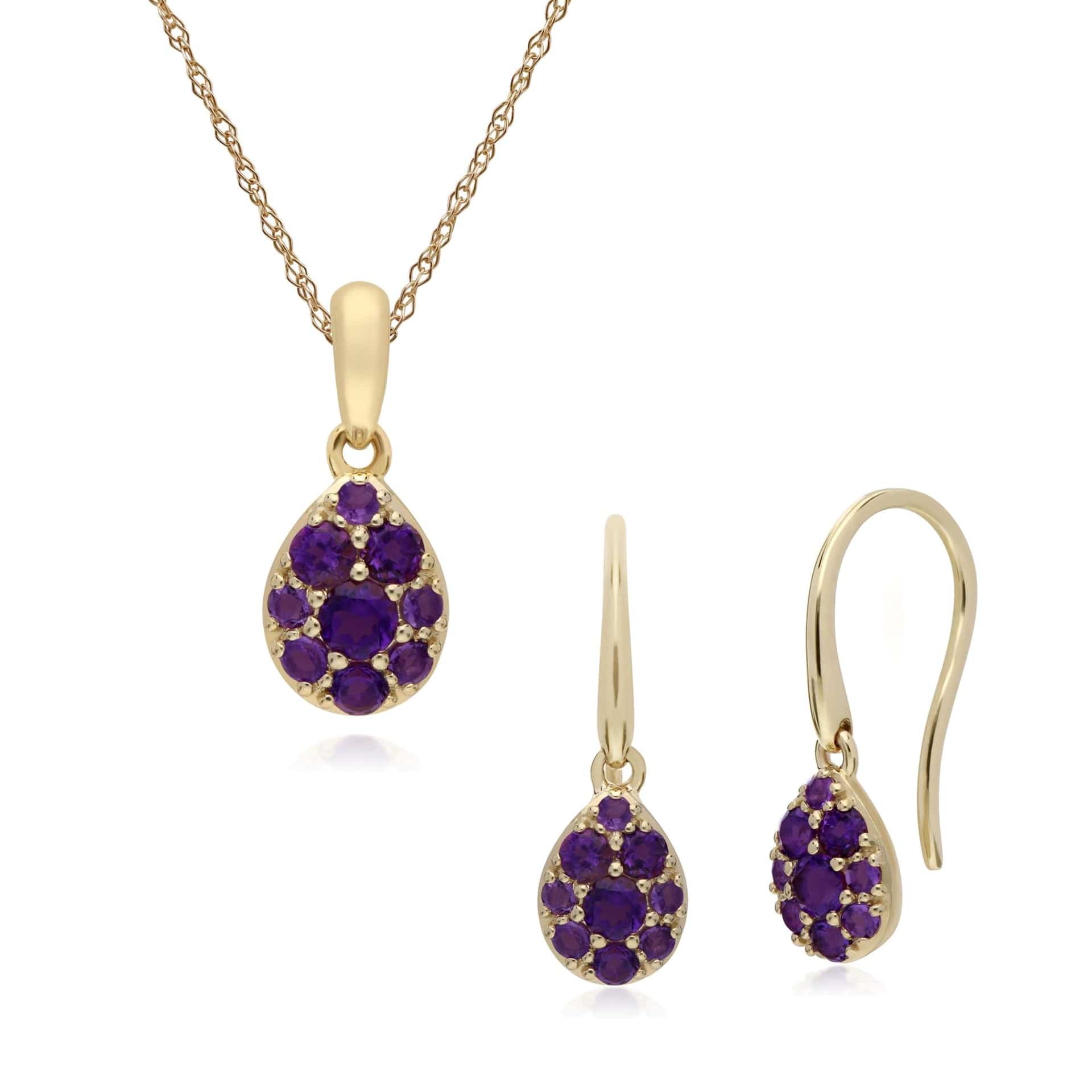 135E1574019-135P1909019 Classic Round Amethyst Pear Cluster Drop Earrings & Pendant Set in 9ct Yellow Gold 1
