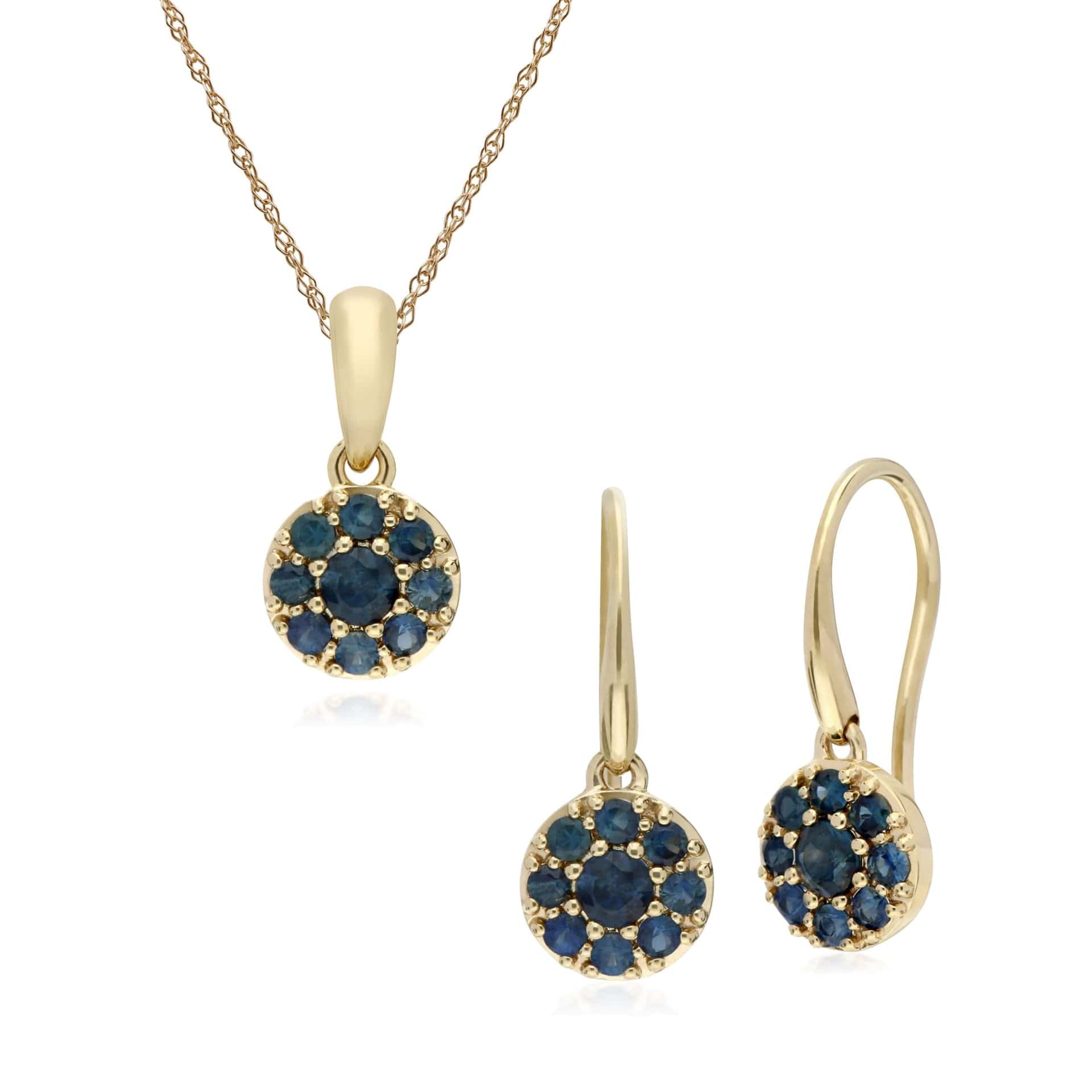 135E1573029-135P1910029 Classic Round Sapphire Cluster Drop Earrings & Pendant Set in 9ct Yellow Gold 1