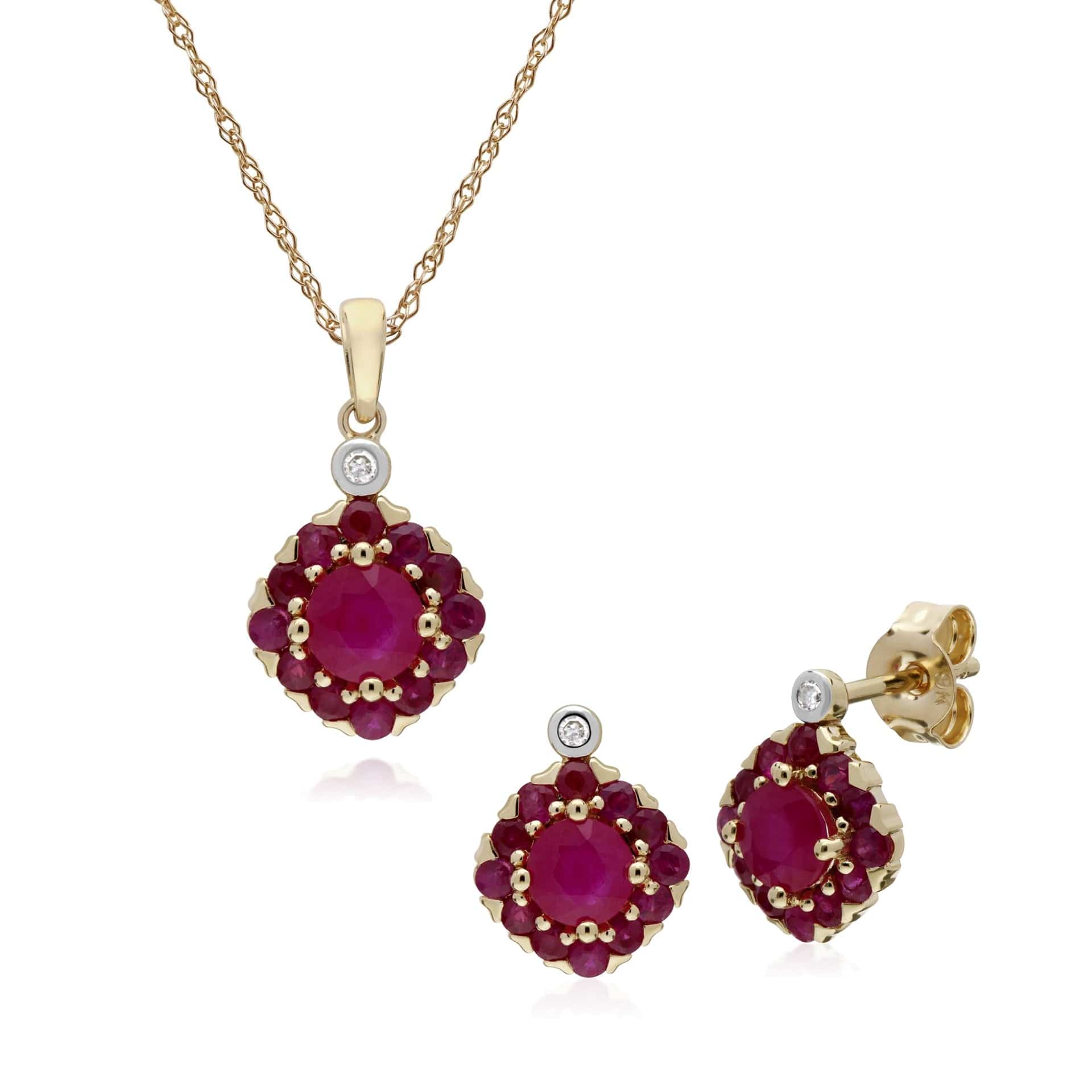 135E1571019-135P1911019 Classic Round Ruby & Diamond Square Cluster Stud Earrings & Pendant Set in 9ct Yellow Gold 1