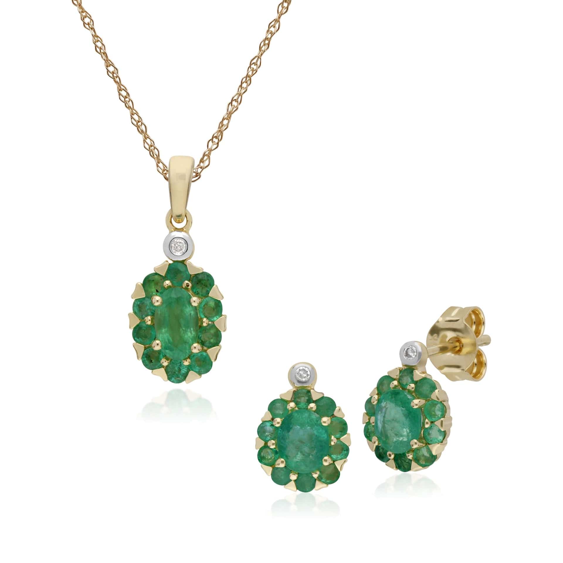135E1572039-135P1912039 Classic Oval Emerald & Diamond Cluster Stud Earrings & Pendant Set in 9ct Yellow Gold 1