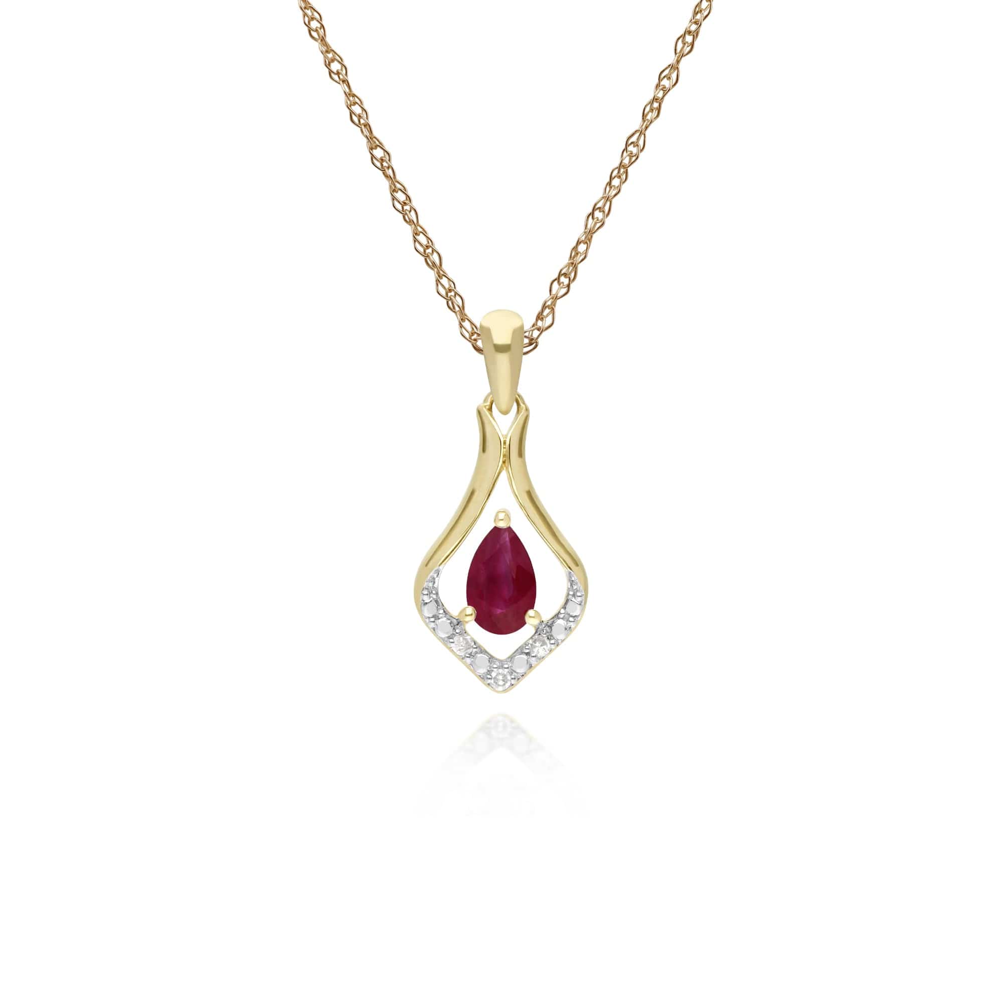 135P1915019 Classic Pear Ruby & Three Diamond Leaf Halo Pendant in 9ct Yellow Gold 1