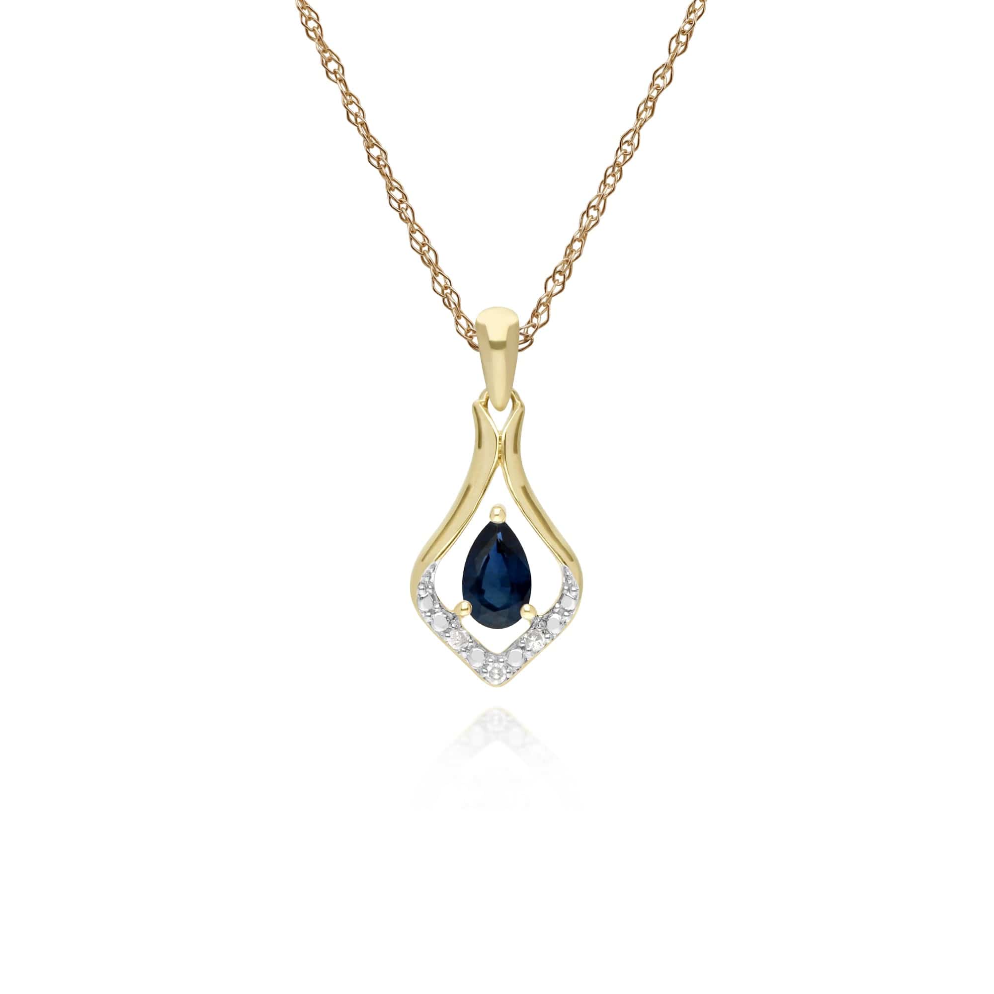 135P1915029 Classic Pear Sapphire & Three Diamond Leaf Halo Pendant in 9ct Yellow Gold 1